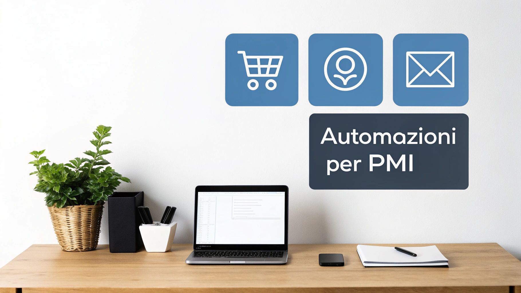 Scrivania moderna con laptop aperto, pianta in vaso, telefono e quaderno, sormontata da icone di shopping, utente e email, con la scritta 'Automazioni per PMI'.