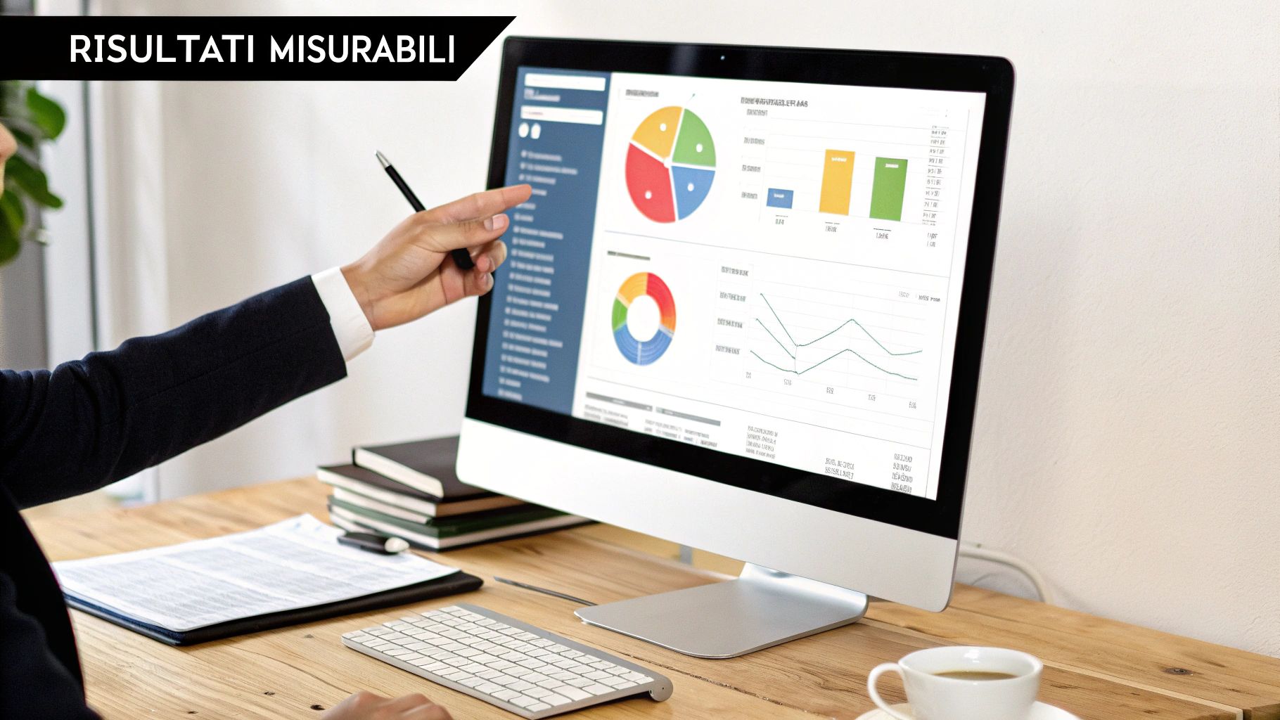 Una persona analizza un dashboard su monitor, mostrando grafici di dati e risultati misurabili per la strategia.
