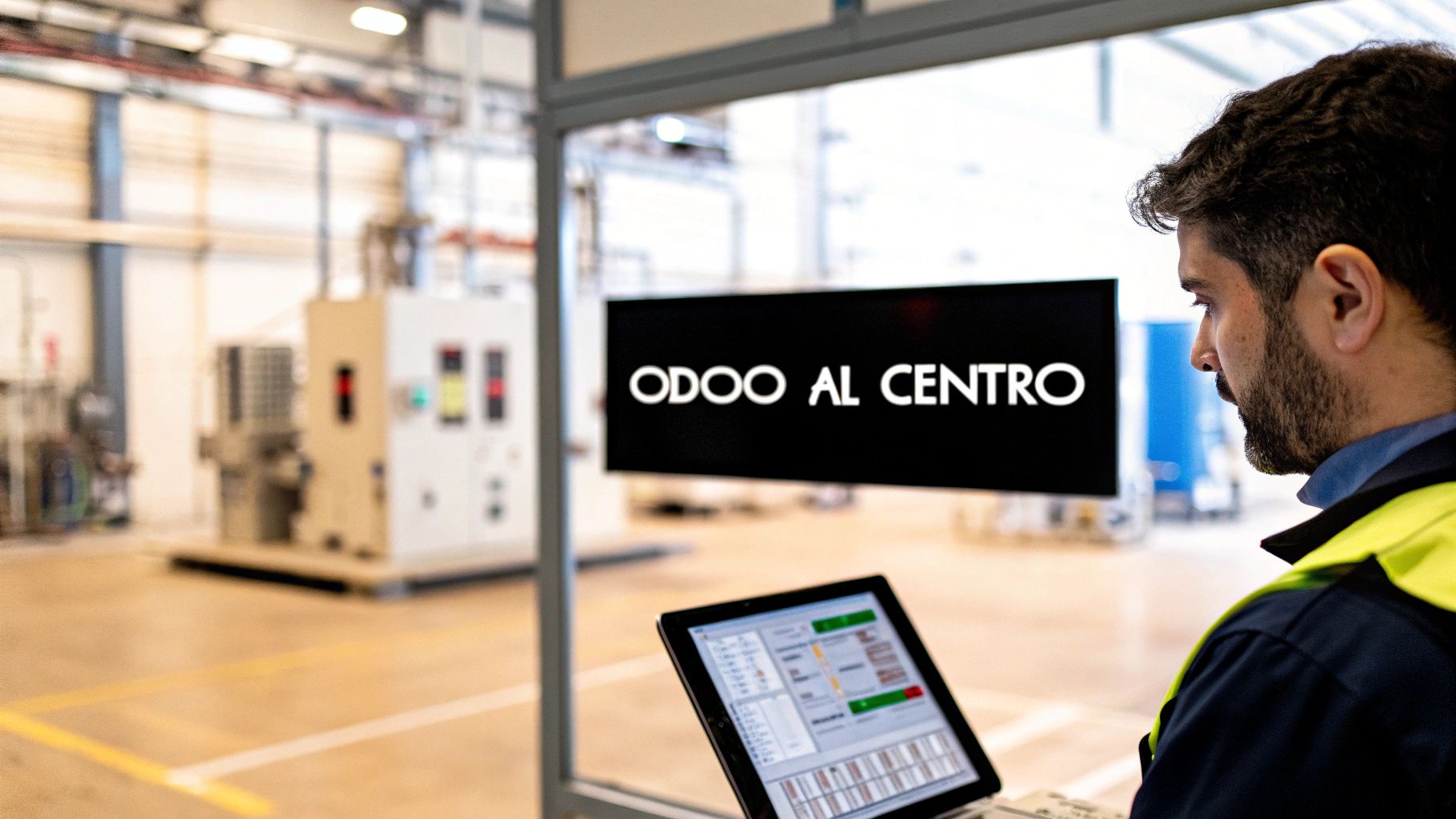 Uomo con gilet di sicurezza controlla macchinari industriali tramite tablet e software Odoo.