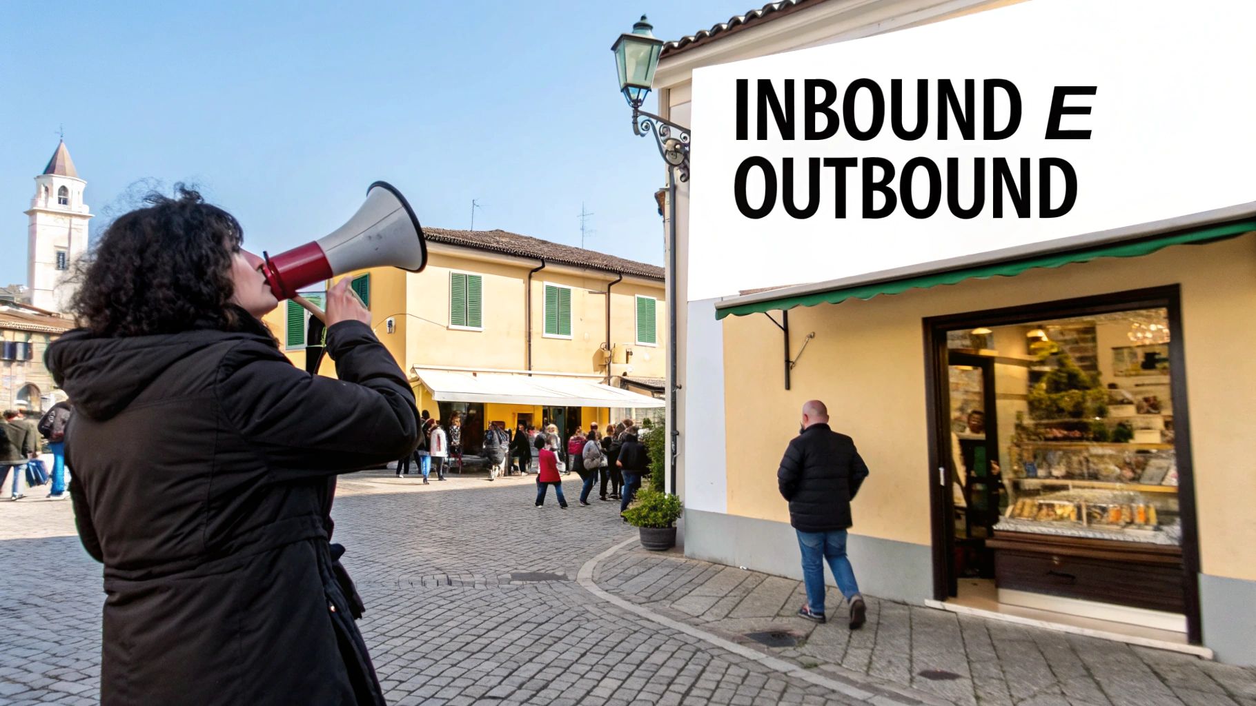Una persona parla in un megafono su una strada acciottolata di un paese, con altre persone e un cartello "INBOUND E OUTBOUND" sullo sfondo.