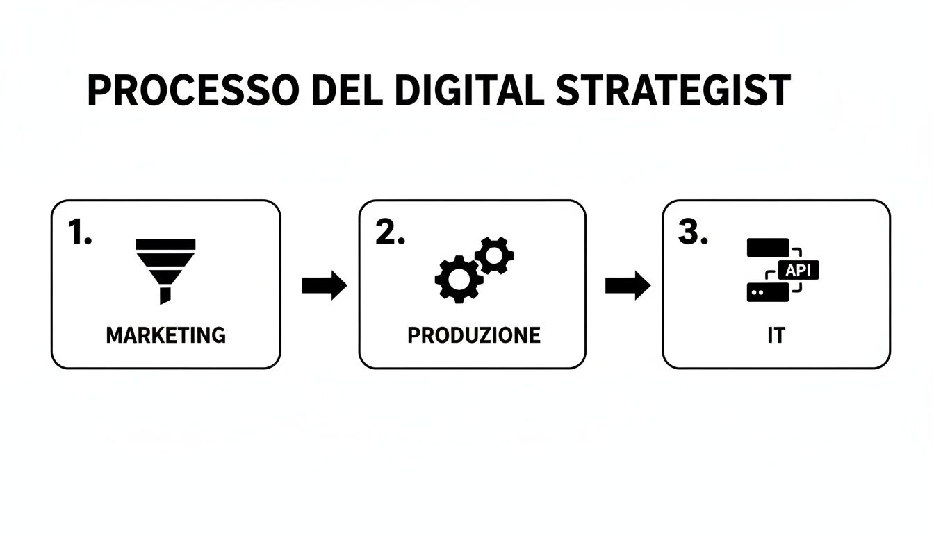 Diagramma che illustra il processo di lavoro di un digital strategist, suddiviso in fasi di marketing, produzione e IT.