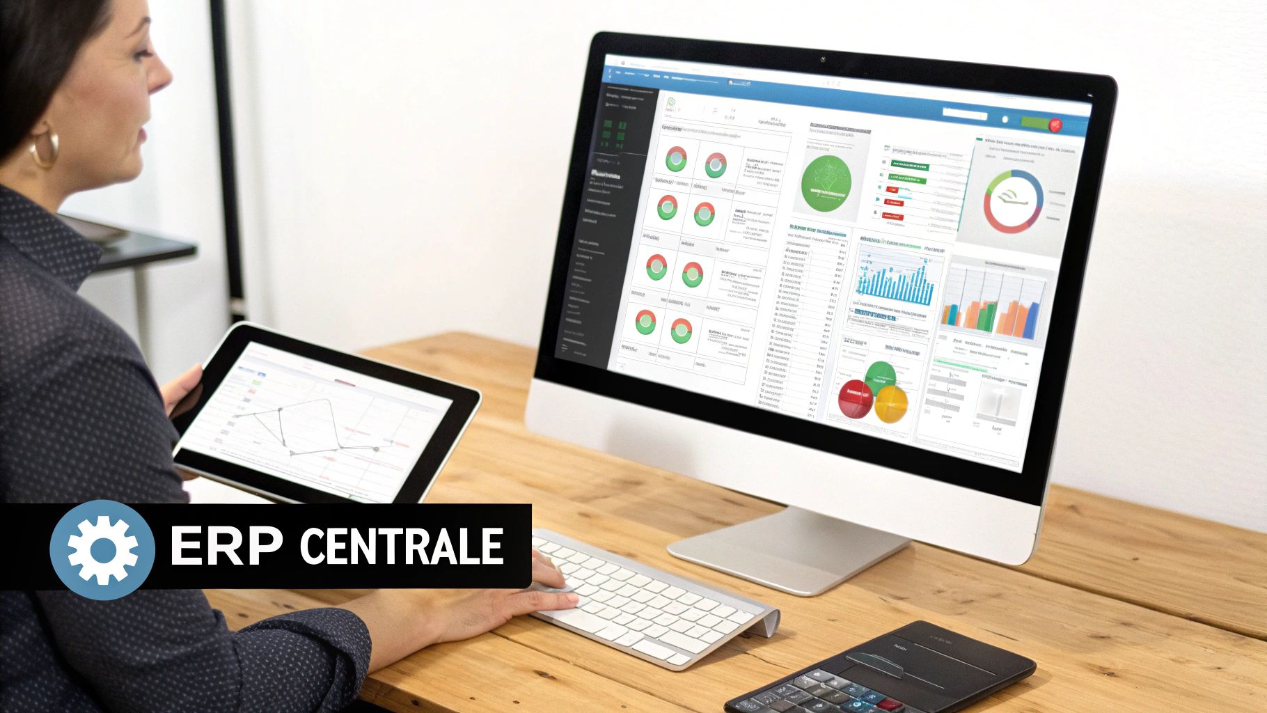 Donna lavora al computer con tablet su sistema ERP, visualizzando dashboard e grafici di produzione.
