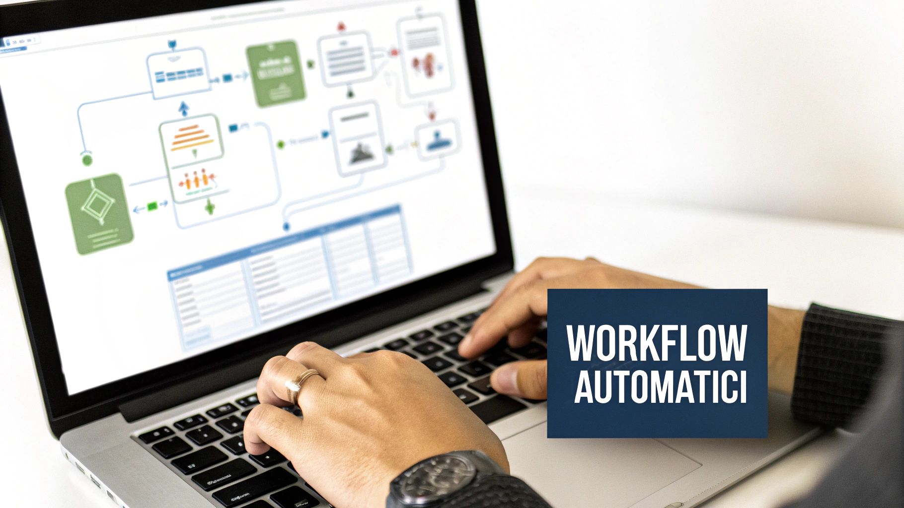 Mani che digitano su un laptop. Lo schermo mostra un diagramma di flusso con la scritta "WORKFLOW AUTOMATICI" in sovrimpressione.