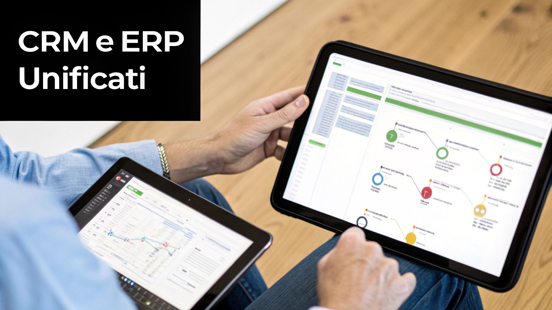Persone visualizzano dati aziendali e grafici su due tablet, con il testo 'CRM e ERP Unificati' in evidenza.