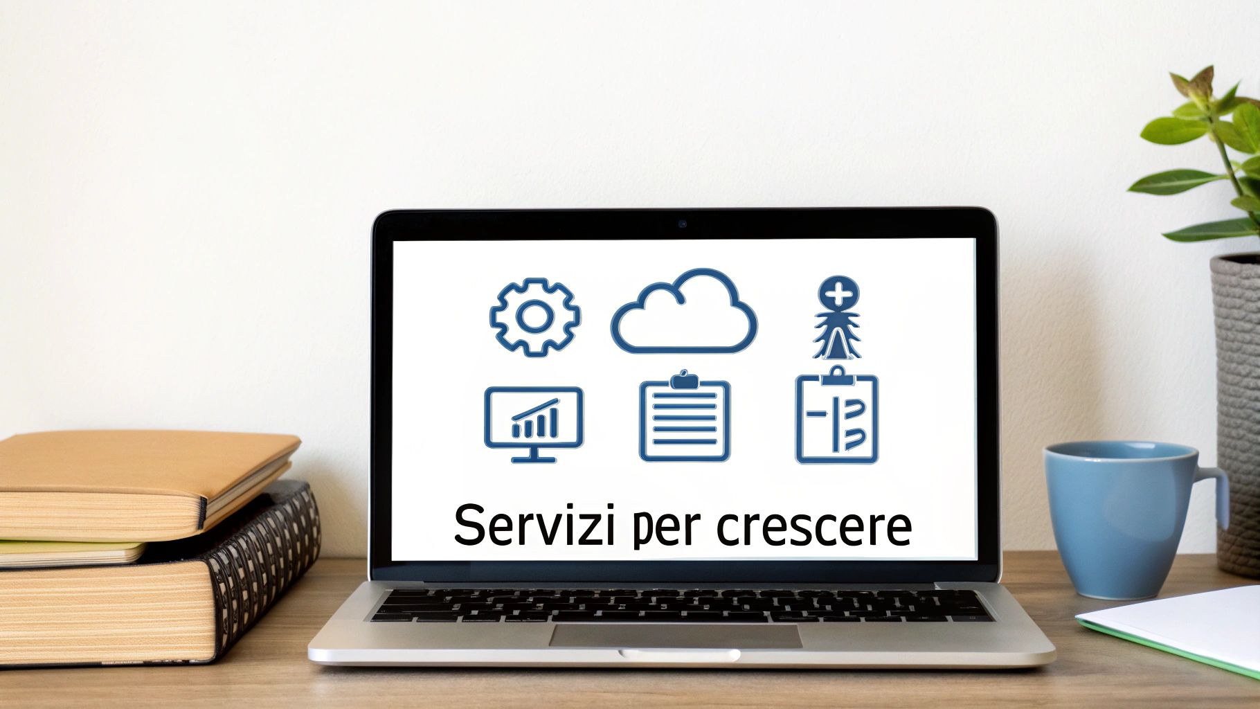 Una scrivania con un laptop che mostra grafici e dati, simbolo di crescita aziendale