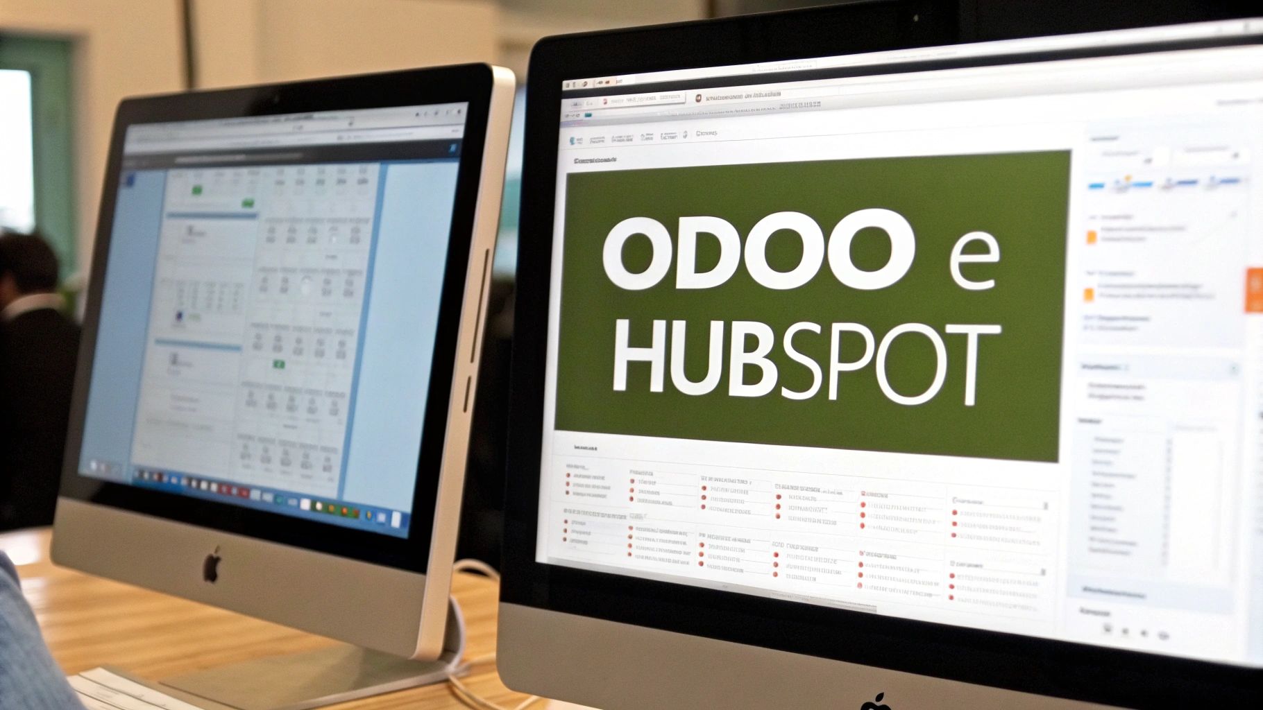Una visualizzazione grafica che mostra i loghi di Odoo e HubSpot collegati da frecce, a simboleggiare l'integrazione dei dati.