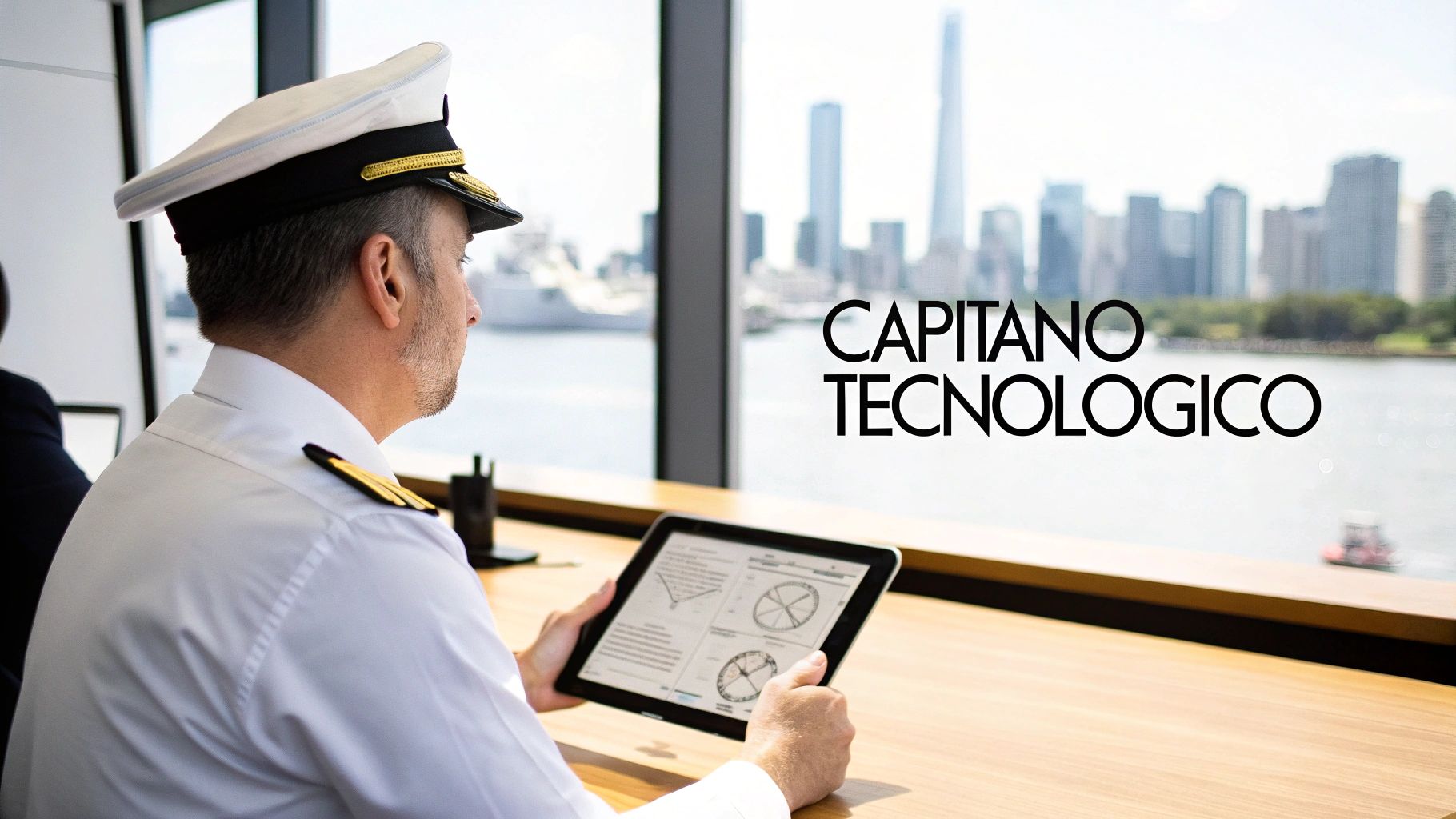 Un uomo in uniforme da capitano di nave naviga su un tablet, osservando il panorama urbano fuori dalla finestra.
