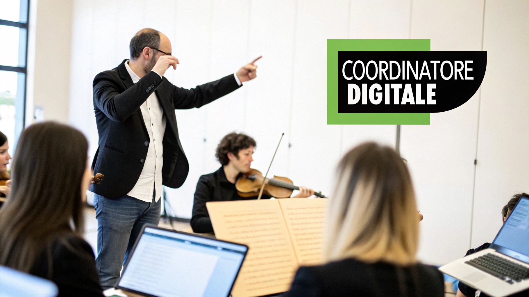 Un istruttore insegna a studenti con violini e laptop, illustrando il ruolo del coordinatore digitale.