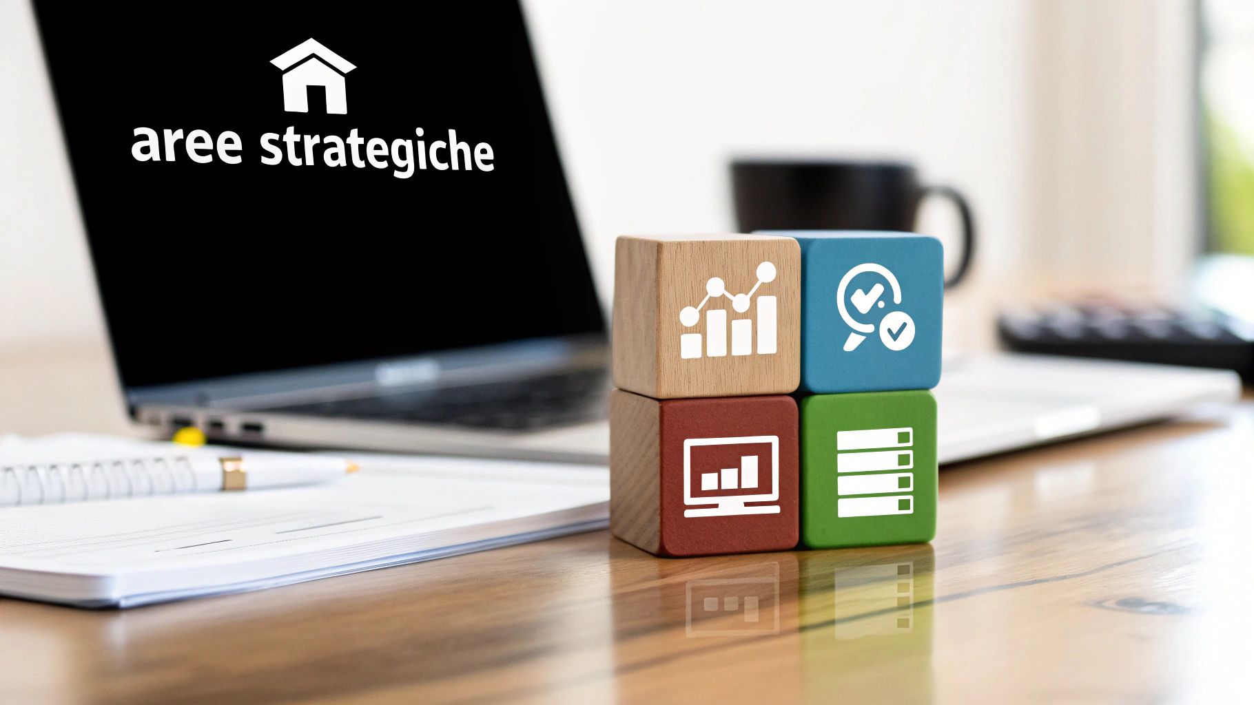 Scrivania con laptop che mostra "aree strategiche" e cubi in legno per analisi e trasformazione digitale aziendale.