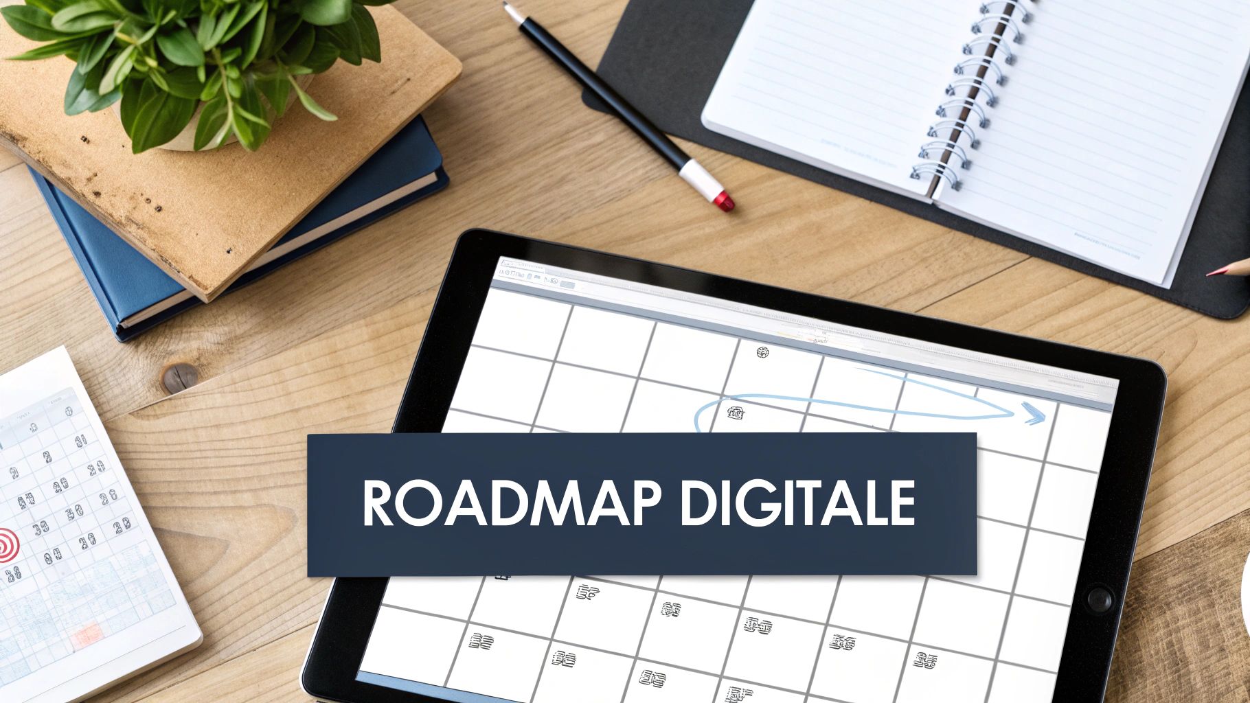 Un tablet su una scrivania di legno mostra una roadmap digitale con l'etichetta 'ROADMAP DIGITALE', affiancato da quaderni e una pianta.