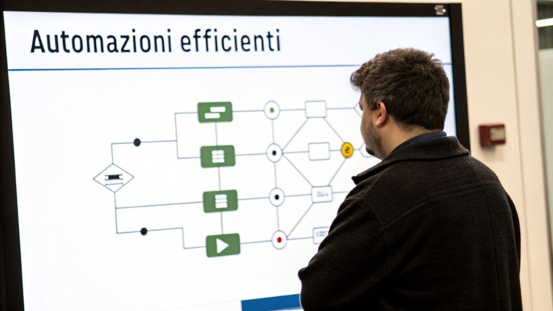 Un uomo osserva un diagramma di flusso complesso su uno schermo, con il titolo "Automazioni efficienti".