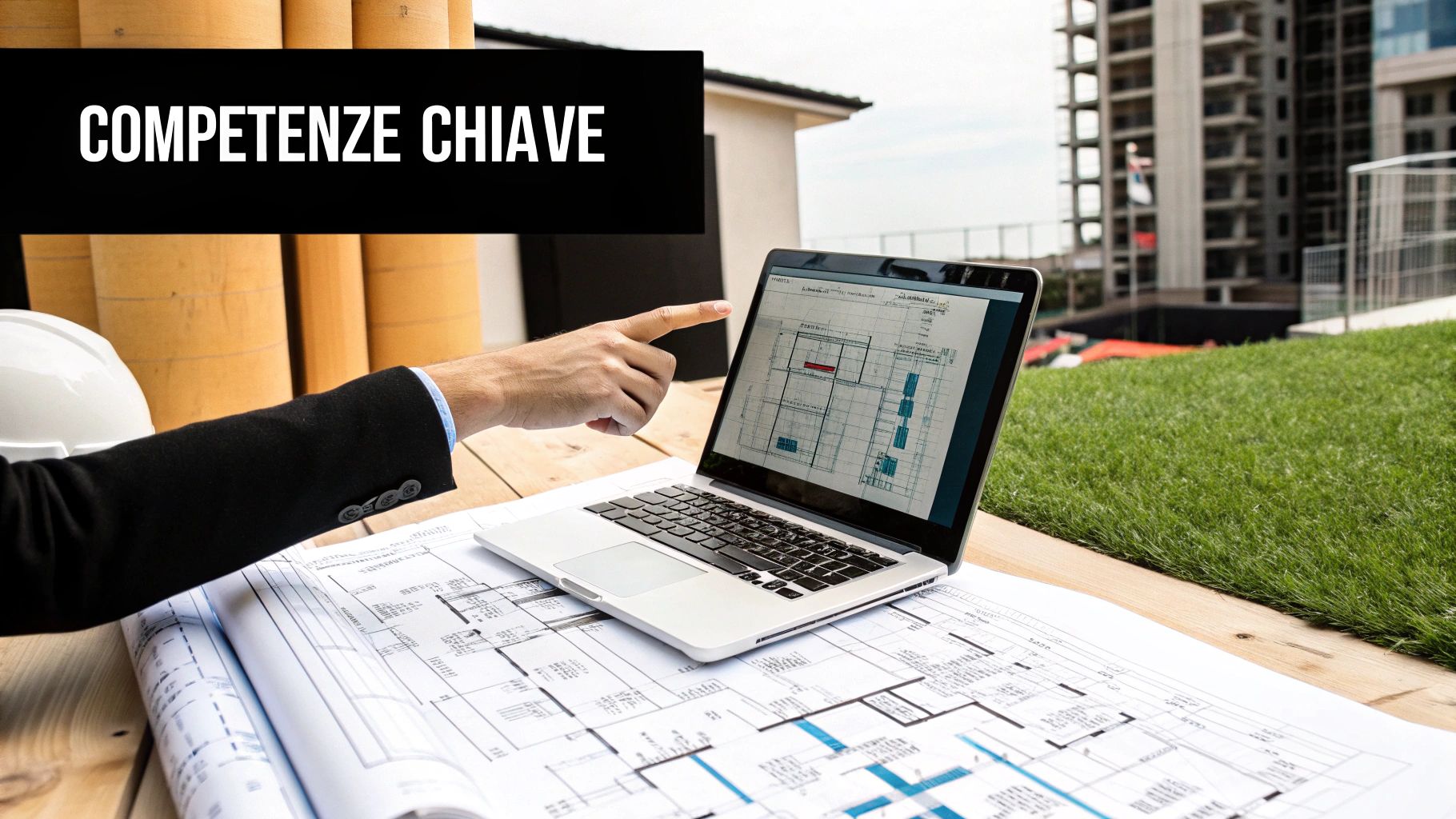 Architetto o ingegnere mostra progetti su laptop con piani di costruzione e cantiere sullo sfondo.