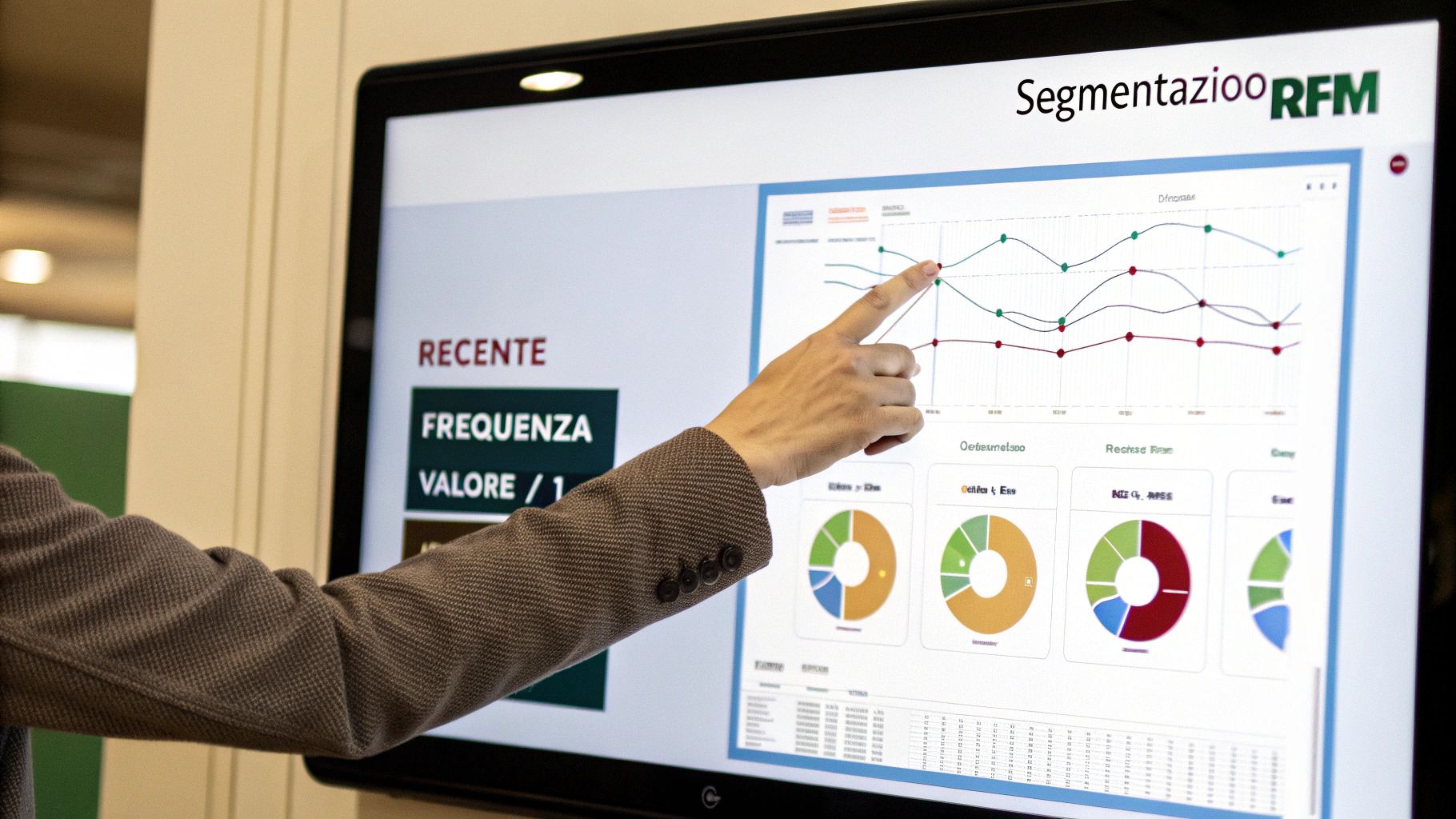 Una persona indica un display interattivo con grafici di segmentazione RFM, mostrando dati e analisi aziendali.