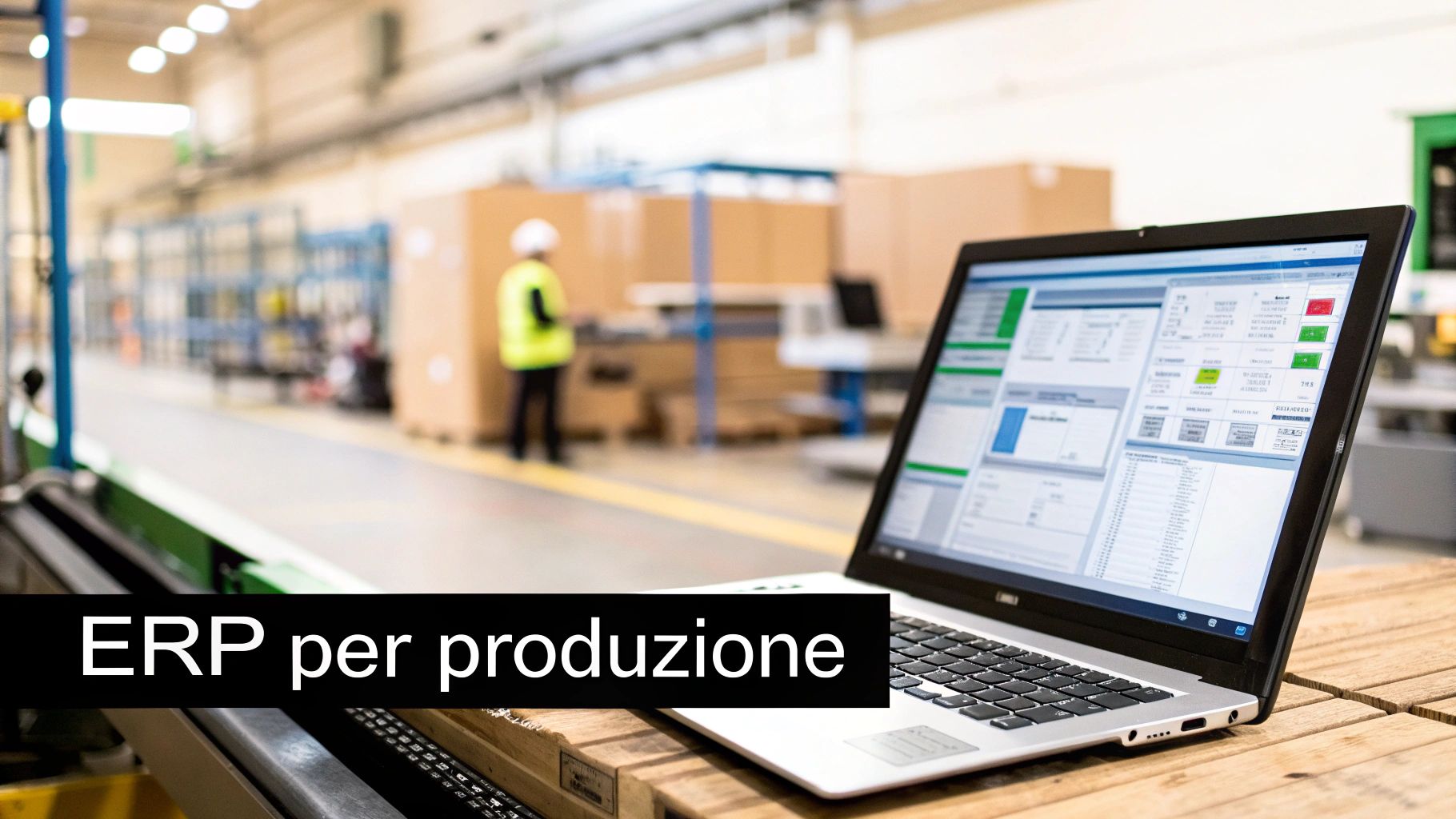 Laptop con software ERP per la gestione della produzione in un ambiente industriale, con operaio e scatole sullo sfondo.