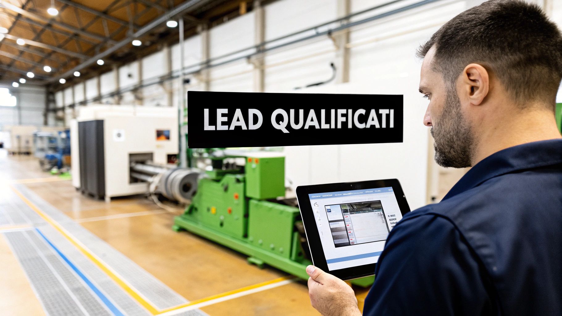 Operatore industriale utilizza tablet per qualificazione lead nel sistema di automazione marketing in fabbrica moderna