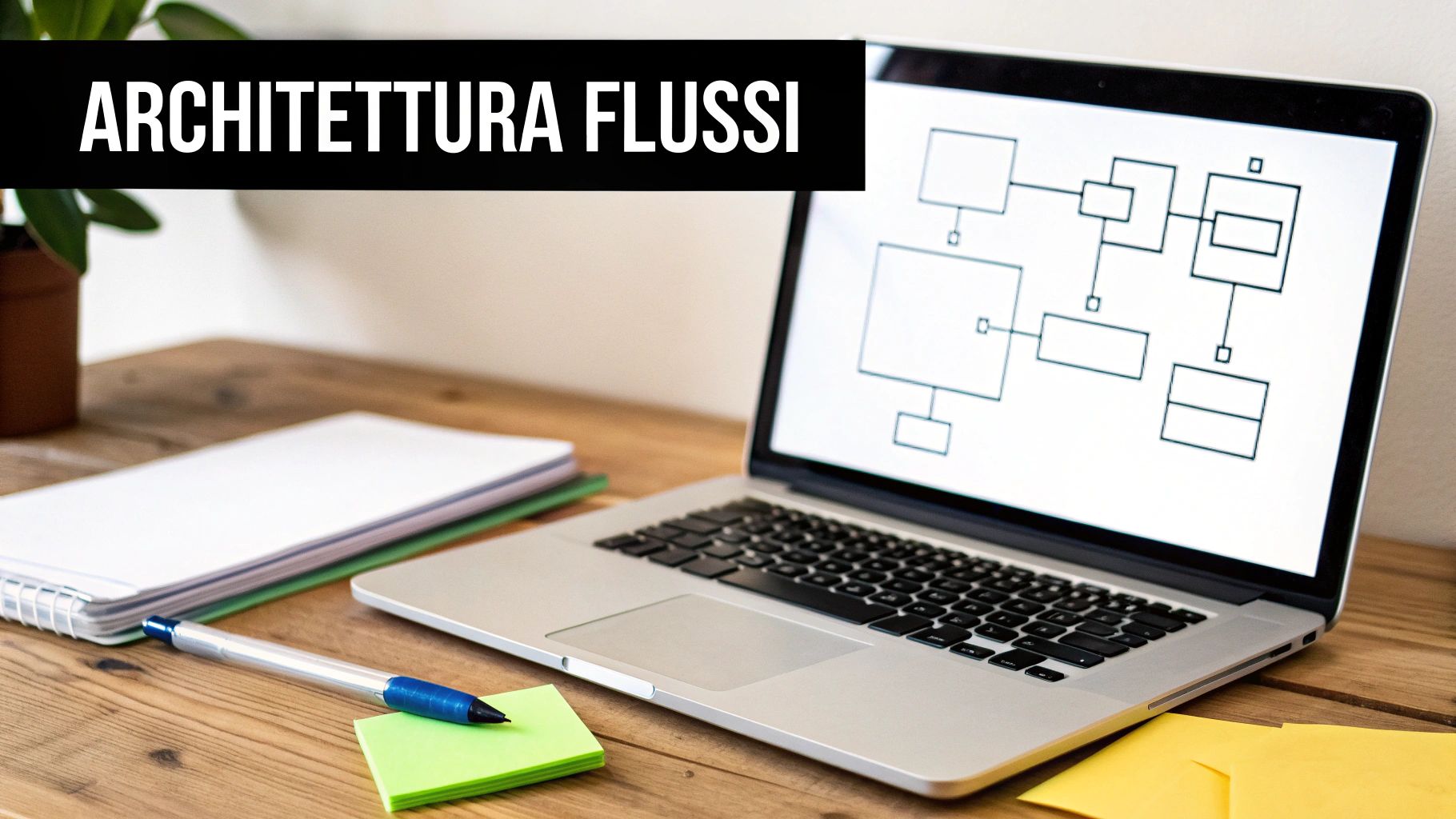 Un laptop aperto su una scrivania di legno con un diagramma di flusso sullo schermo, un quaderno e appunti.