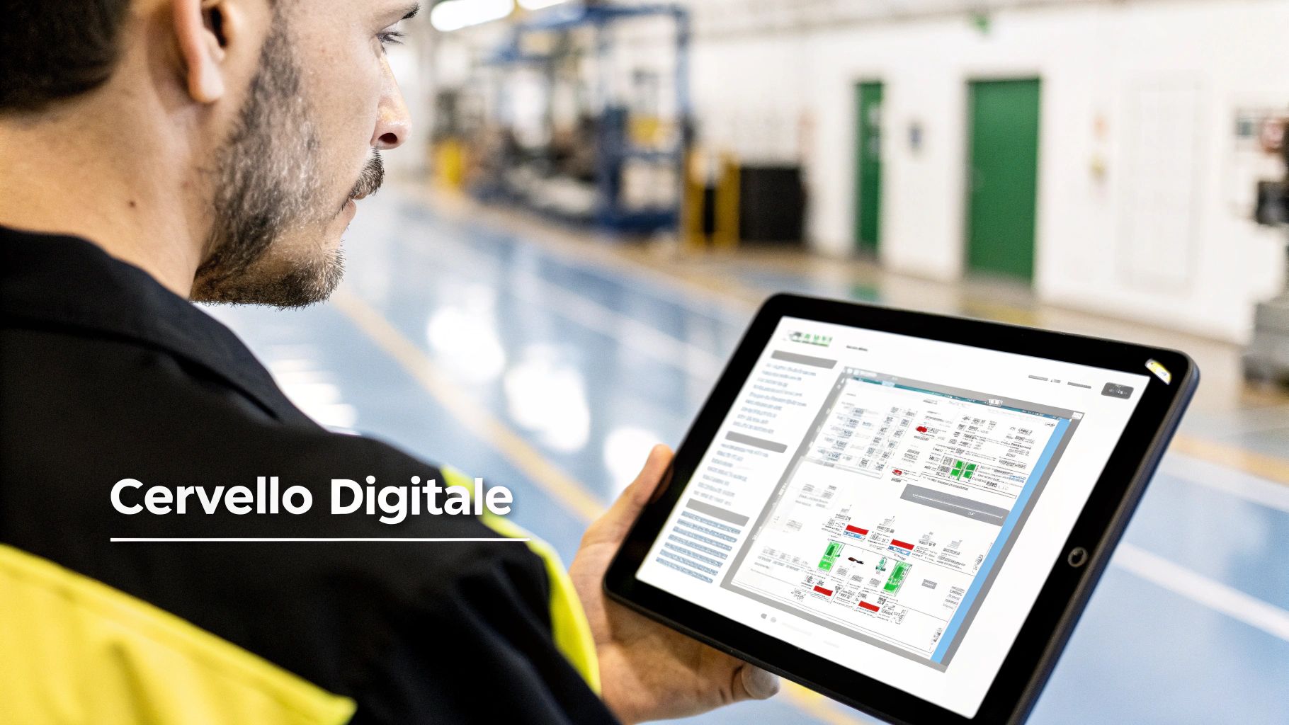 Uomo con divisa da lavoro esamina un tablet in fabbrica, visualizzando dati di produzione in tempo reale.