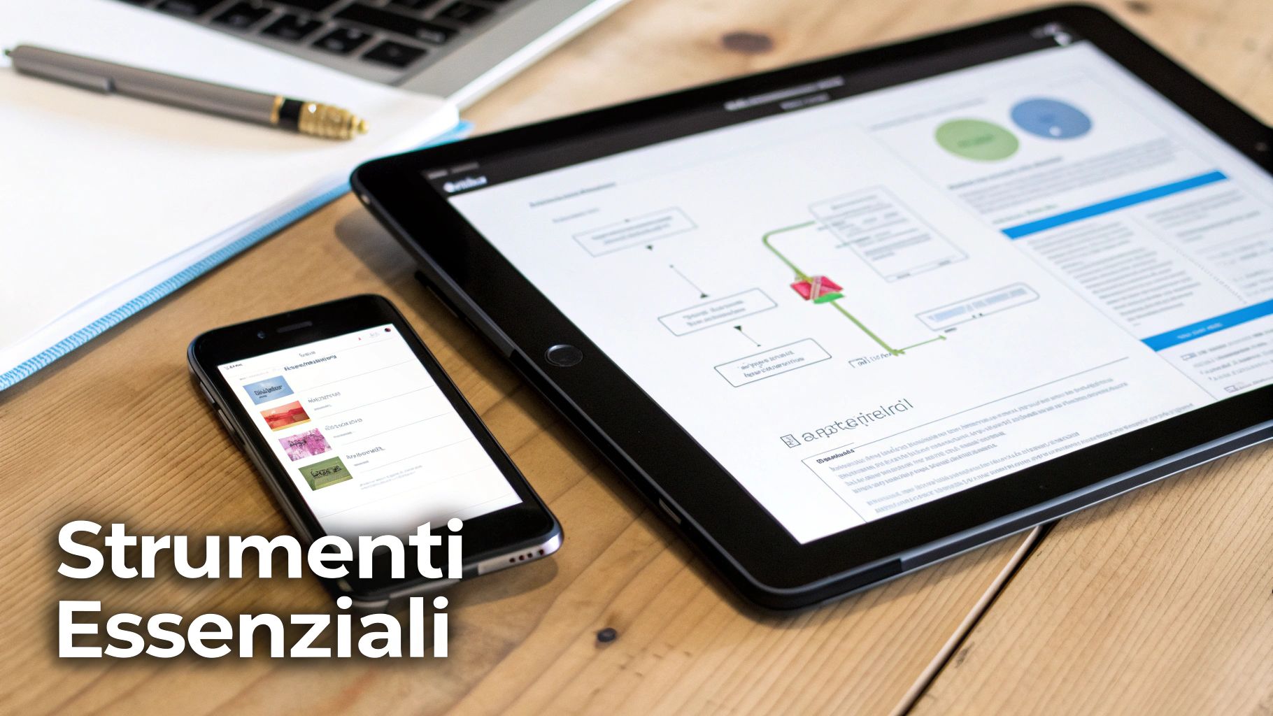 Smartphone, tablet, notebook e penna su un tavolo di legno, con testo 'Strumenti Essenziali'.