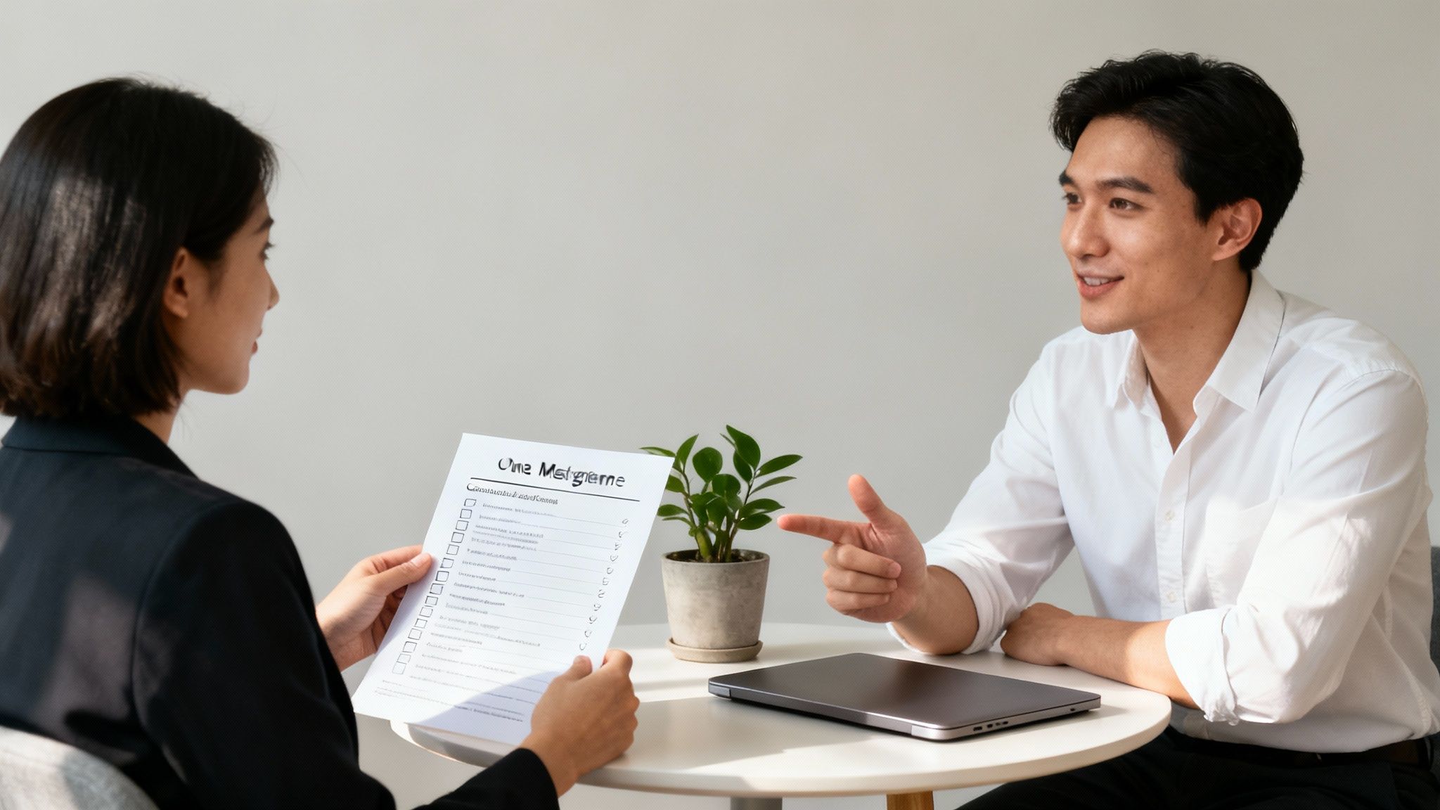 Two professionals discuss a checklist document during a one-on-one meeting in a modern office.