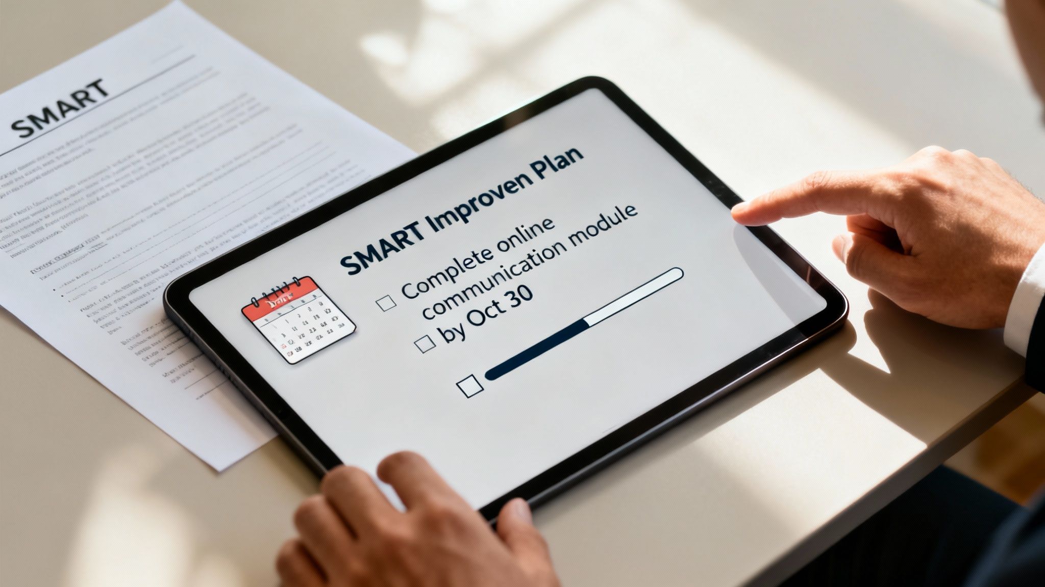 Hands tap a tablet showing a SMART Improve Plan with a communication module task.