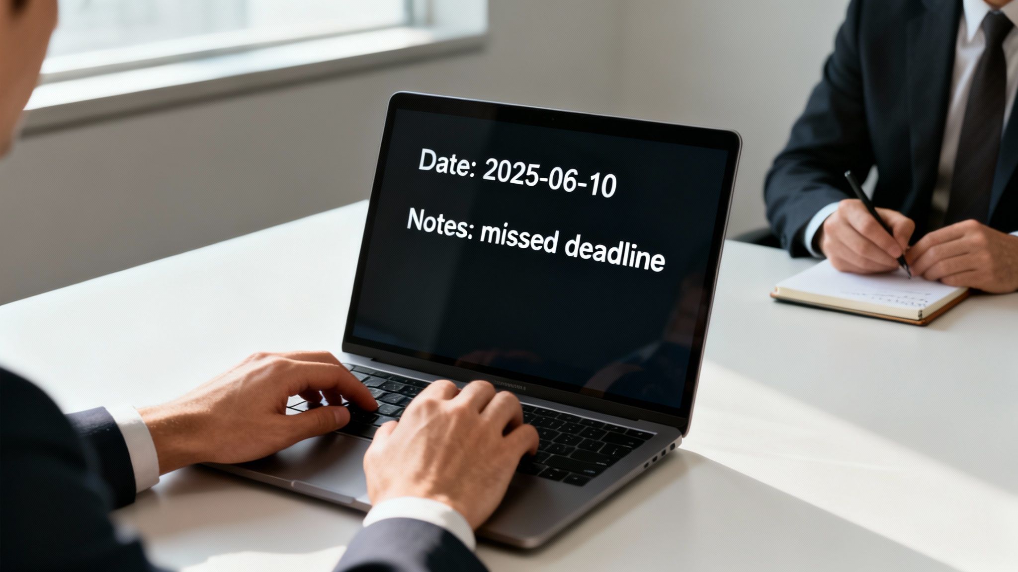 Two business professionals in a meeting, one typing 'missed deadline' on a laptop, the other taking notes.