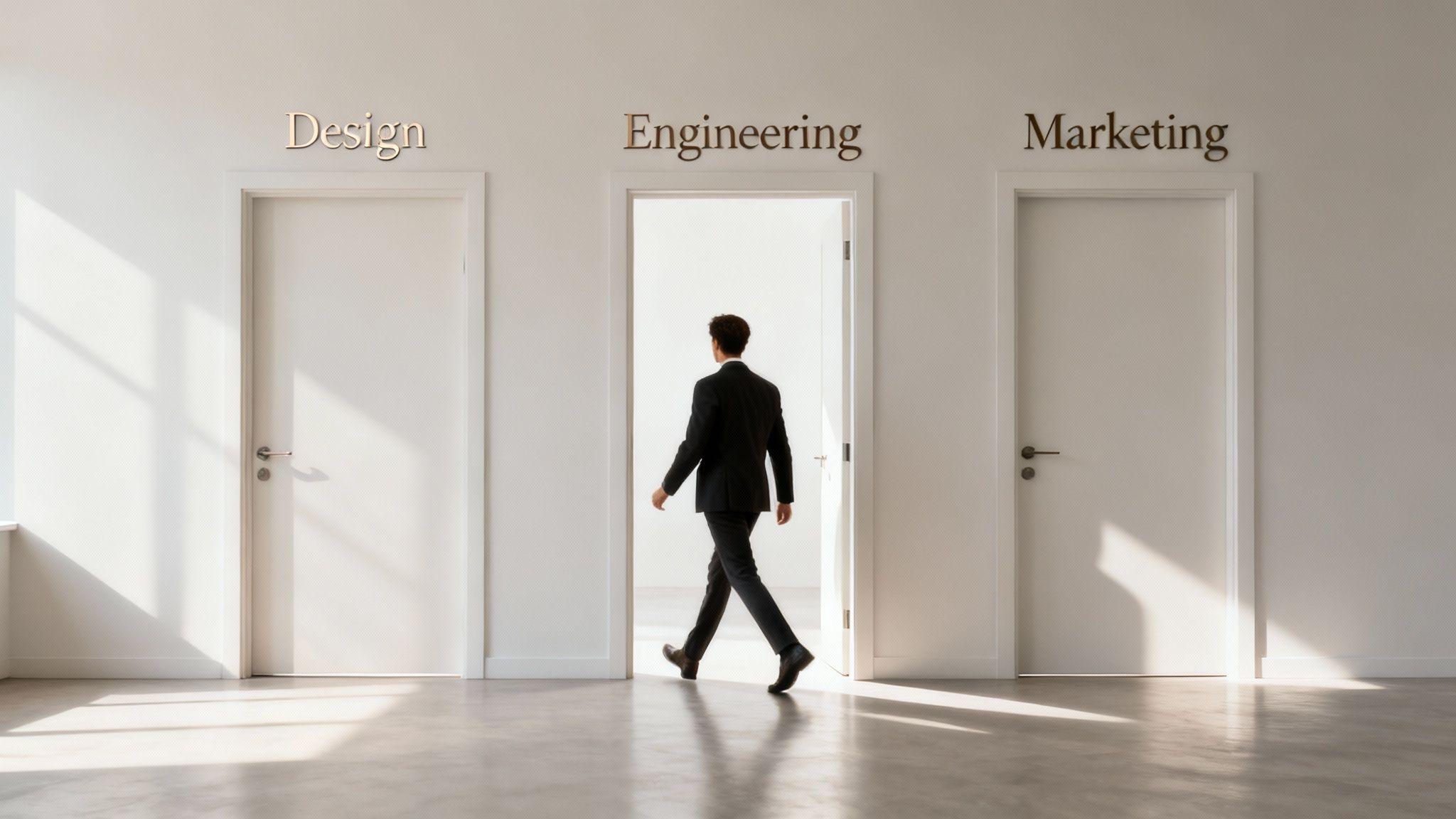 A man in a suit walks through an open door labeled 'Engineering', choosing a career path.