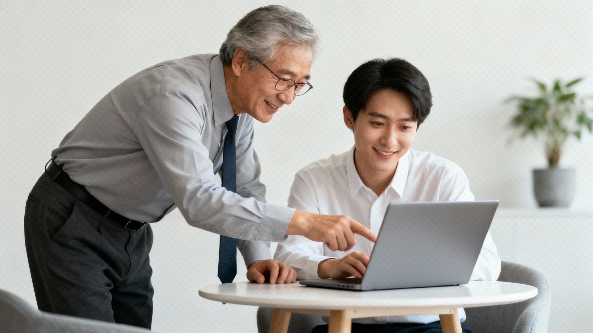 Two smiling Asian businessmen, an older mentor and a younger colleague, collaborating on a laptop in a bright office.