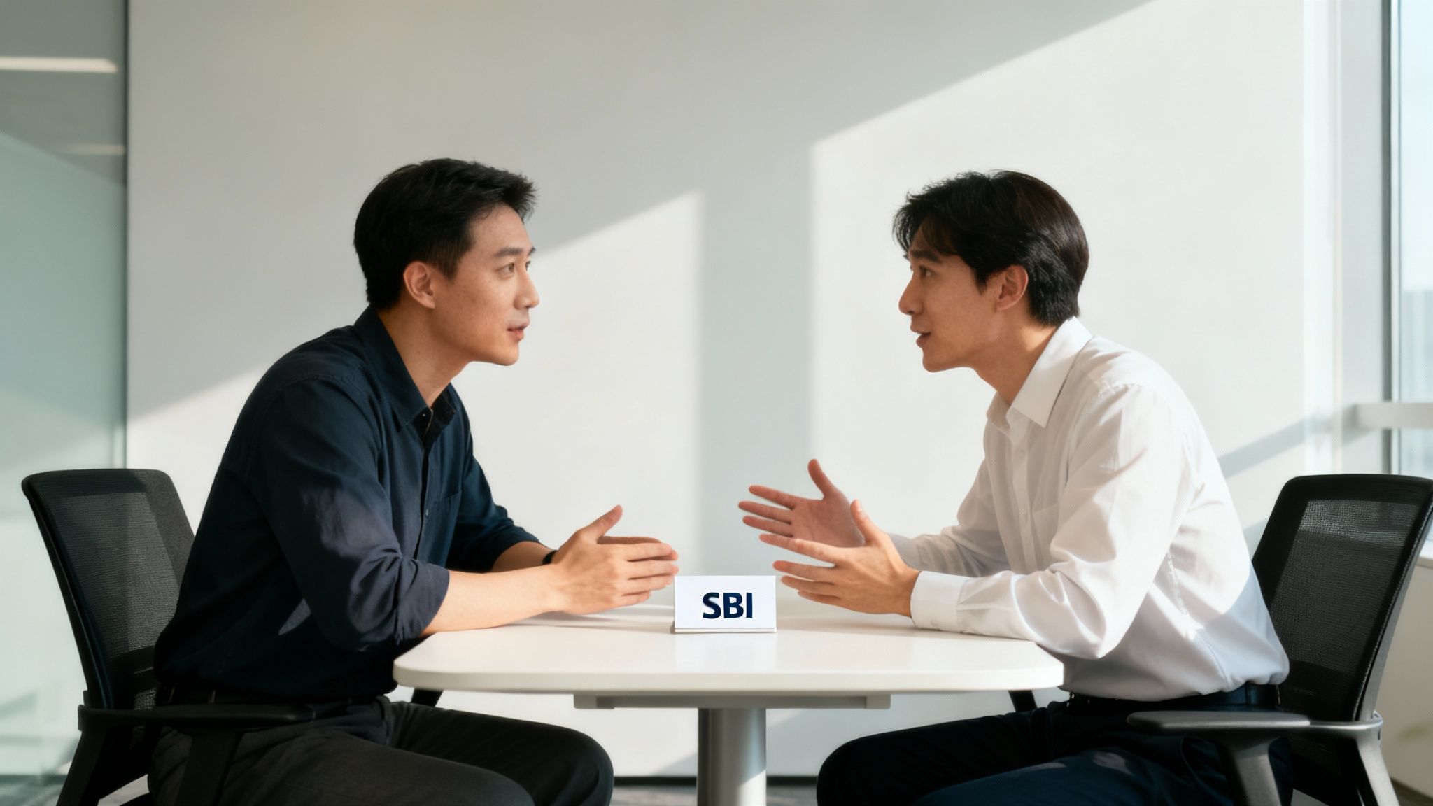 A manager and an employee having a focused, constructive conversation in a modern office.