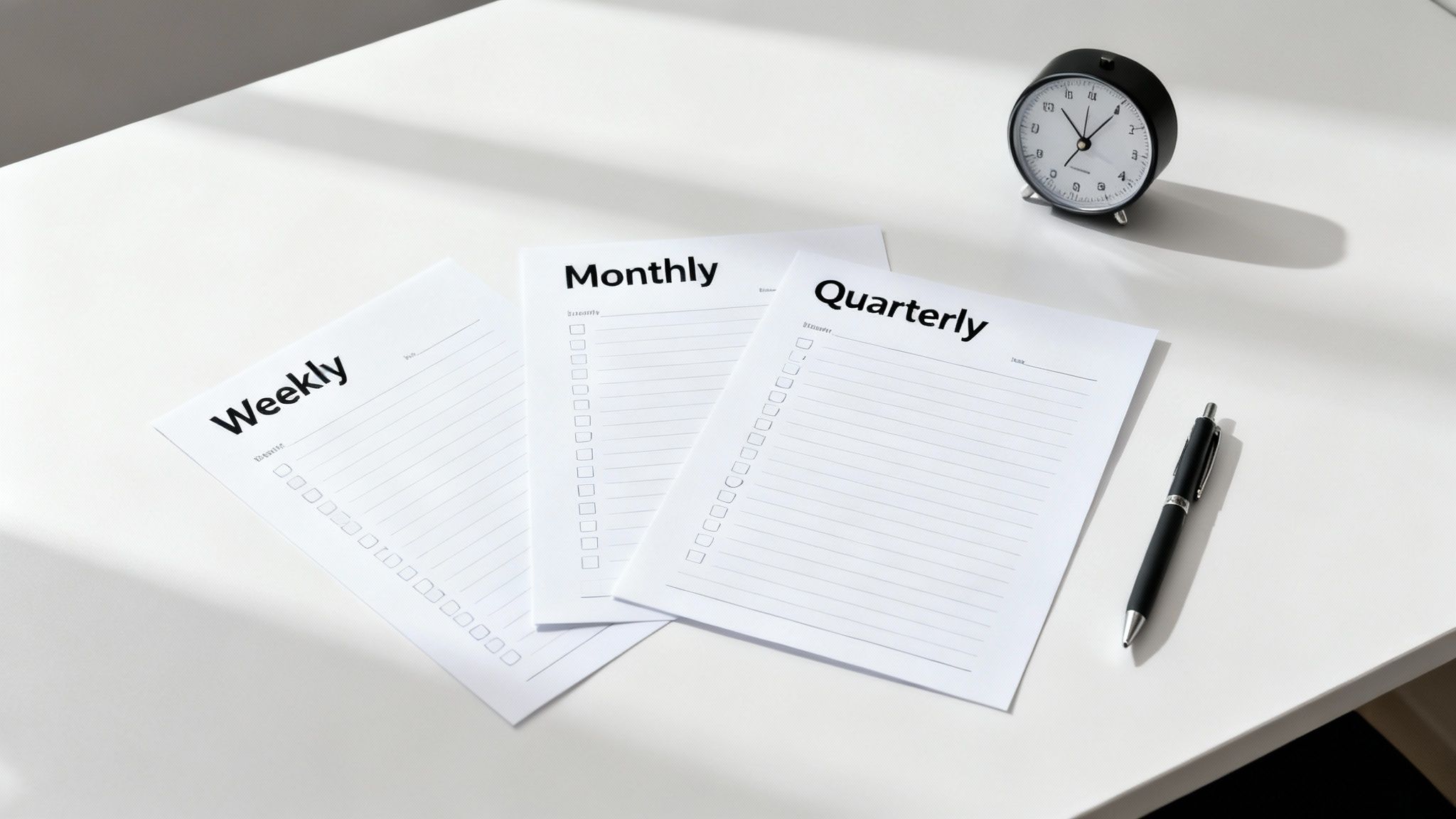 Three white papers labeled 'Weekly', 'Monthly', 'Quarterly' next to a black alarm clock and pen on a white desk.