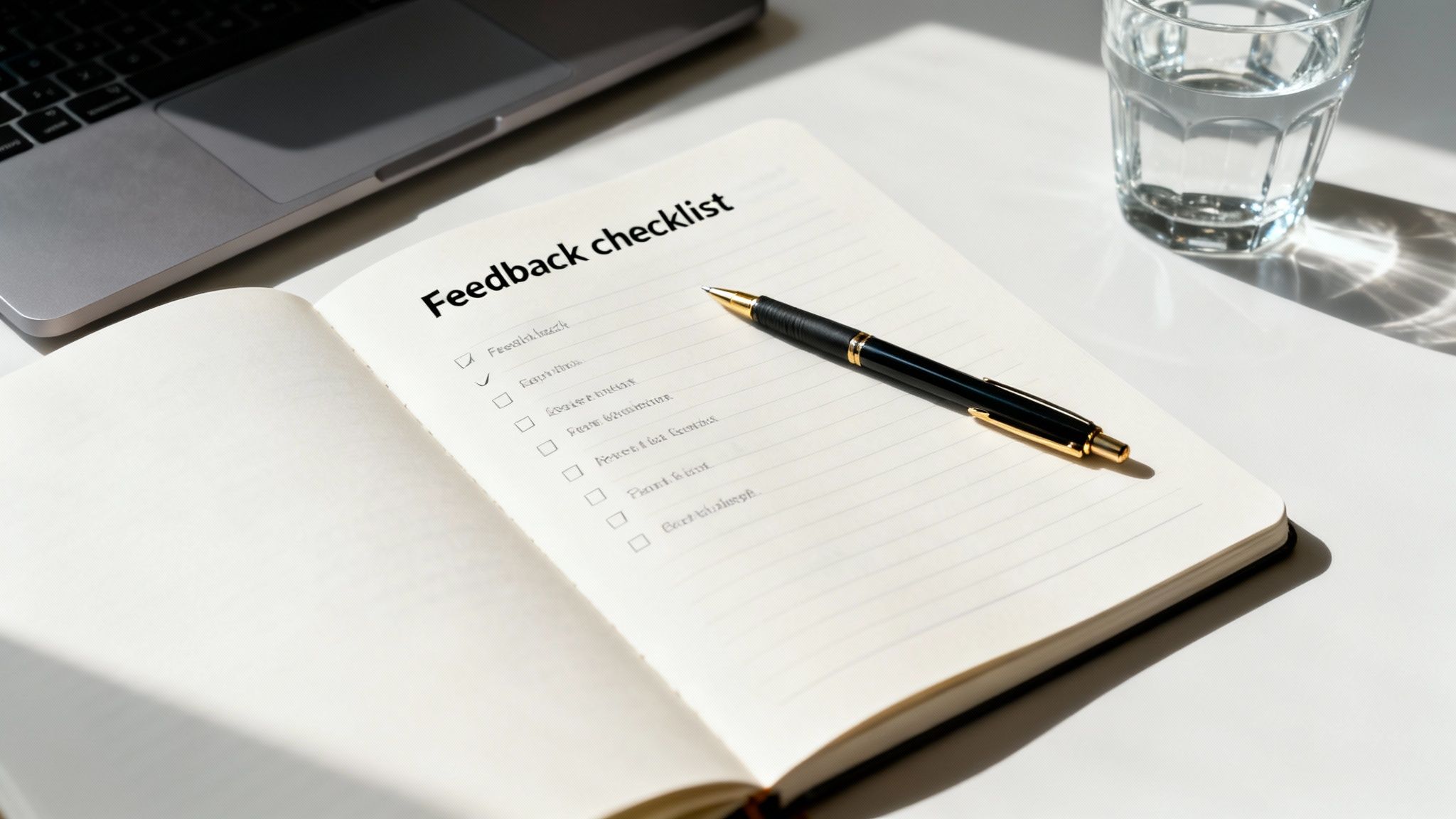 An open notebook with a 'Feedback checklist' and a pen on a desk with a laptop and water glass.