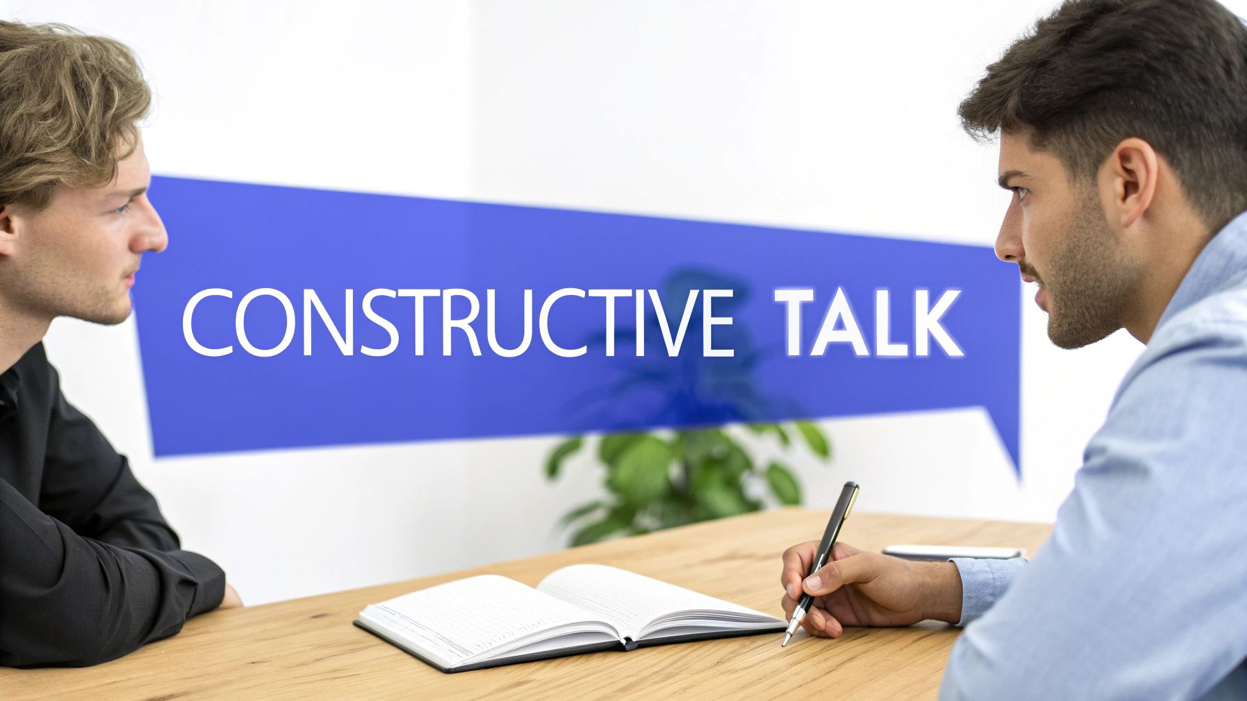A manager and an employee having a one on one conversation in a bright office.