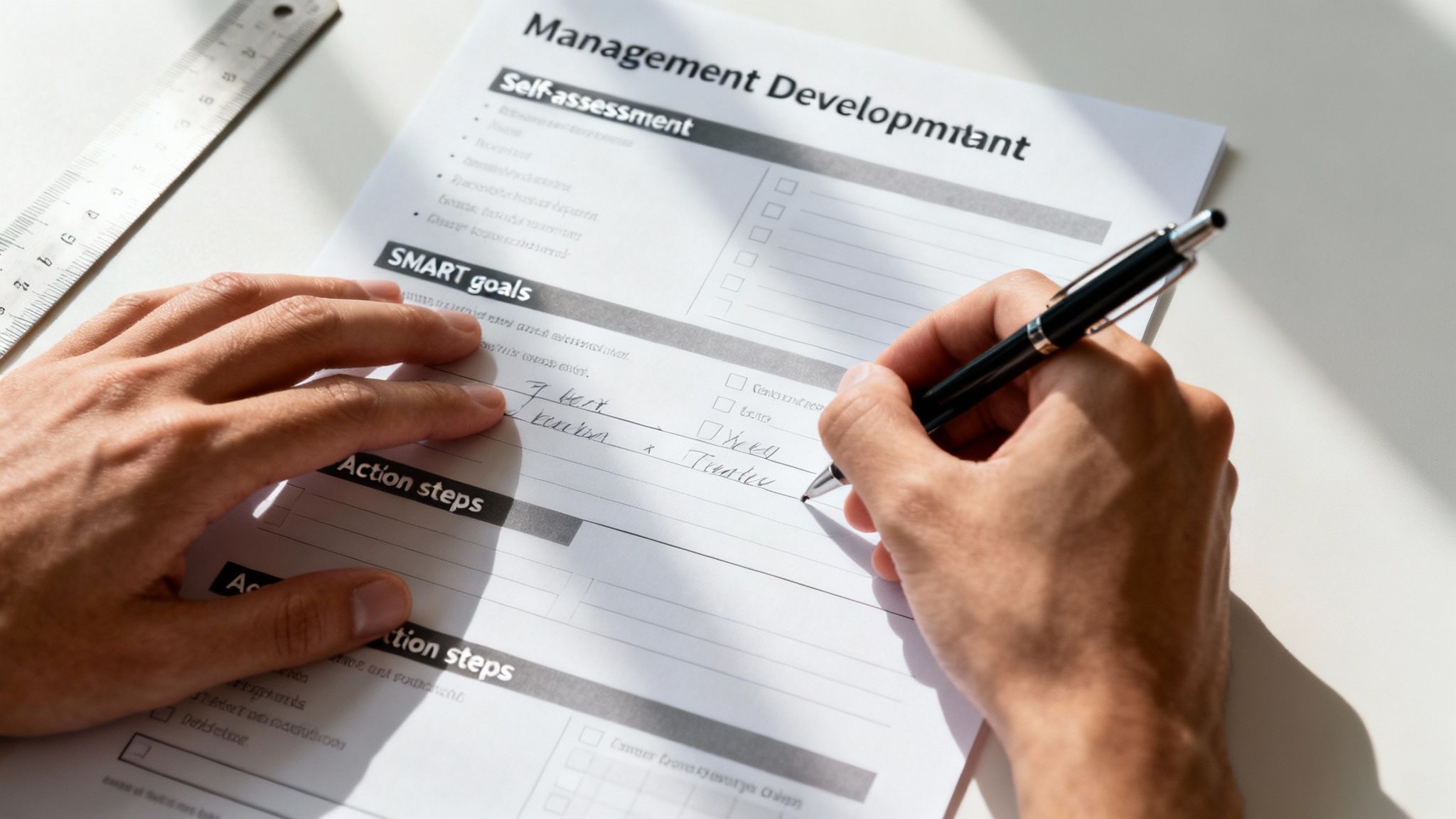 A group of managers collaborating on a development plan using sticky notes on a whiteboard.