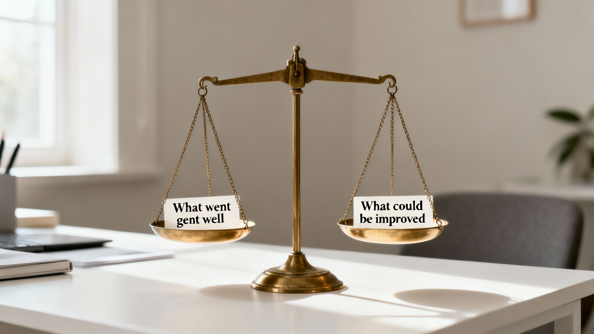 Brass balance scale weighing 'What went well' and 'What could be improved' on a bright office desk.