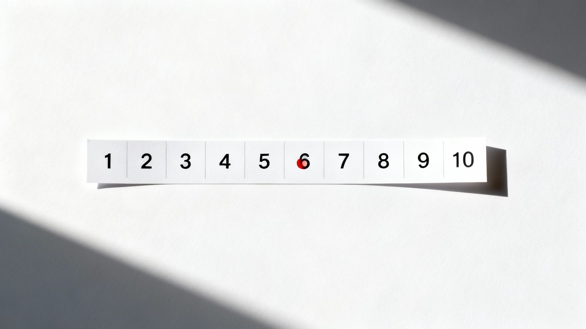 A numerical scale from 1 to 10 on a white strip, with a red dot marking 6.