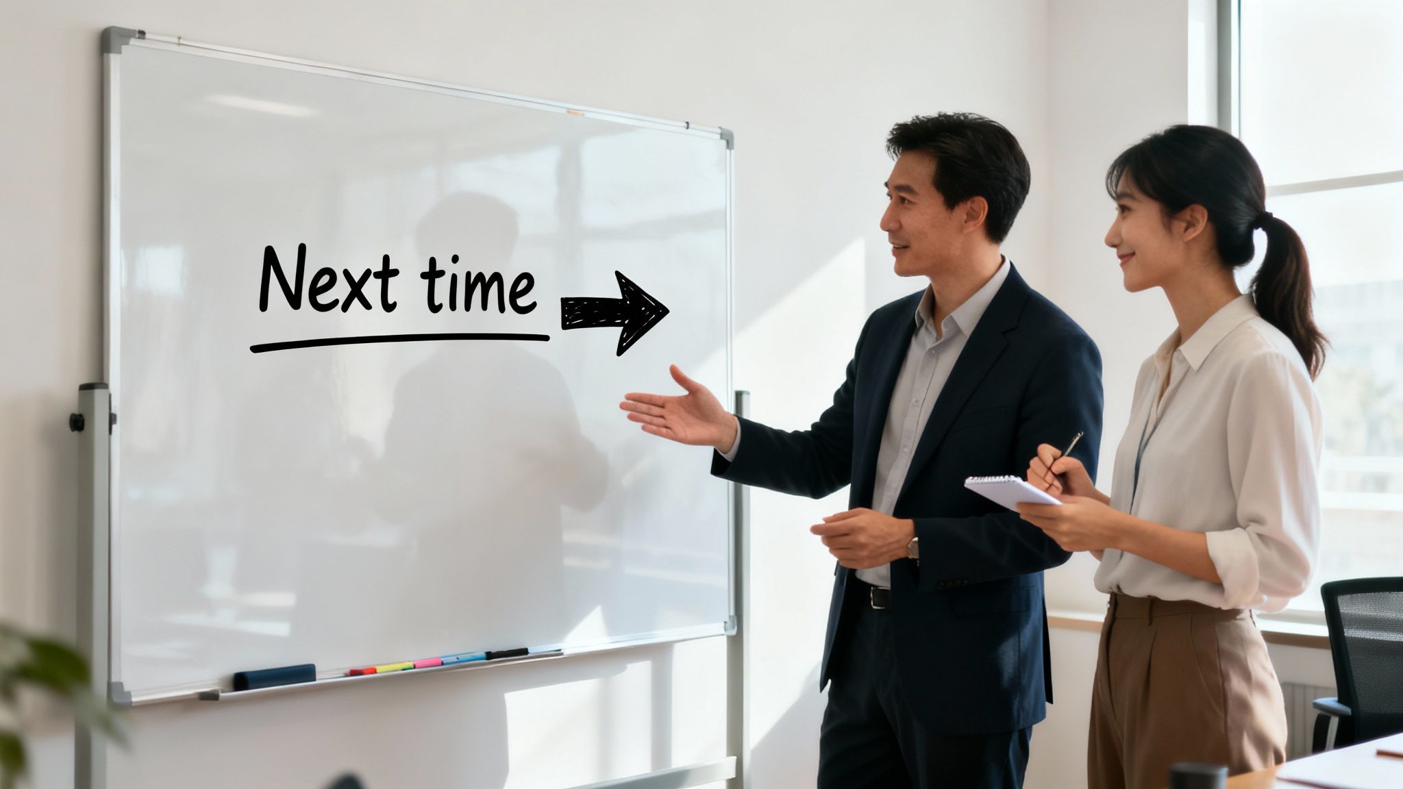 Two Asian professionals discussing 'Next time' written on a whiteboard, a woman taking notes.