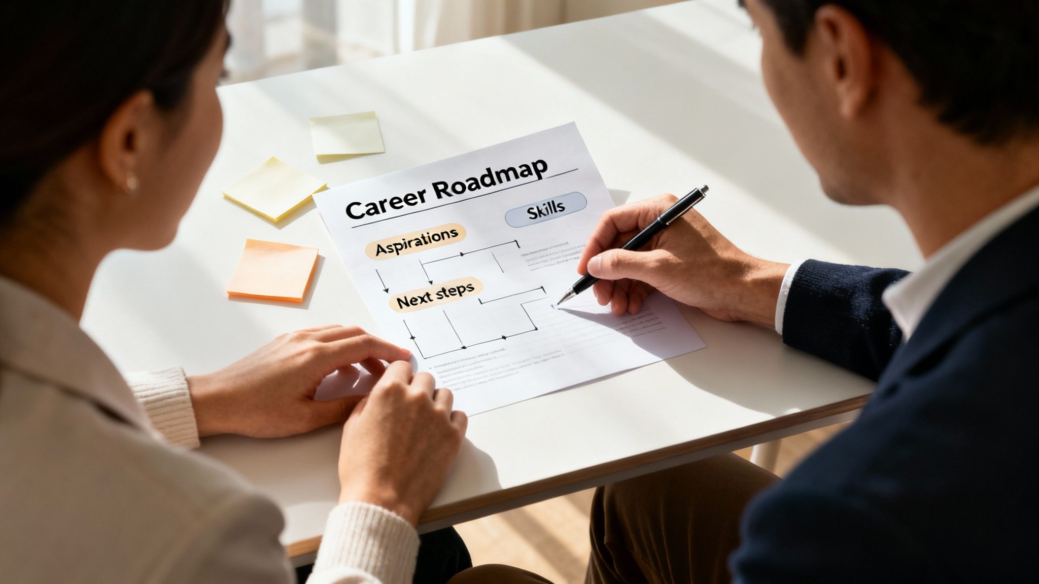 Two people discuss a "Career Roadmap" document, with one person writing on it during a meeting.