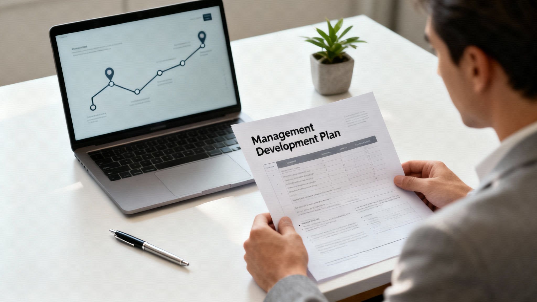 A manager and a team member reviewing a development plan on a tablet.