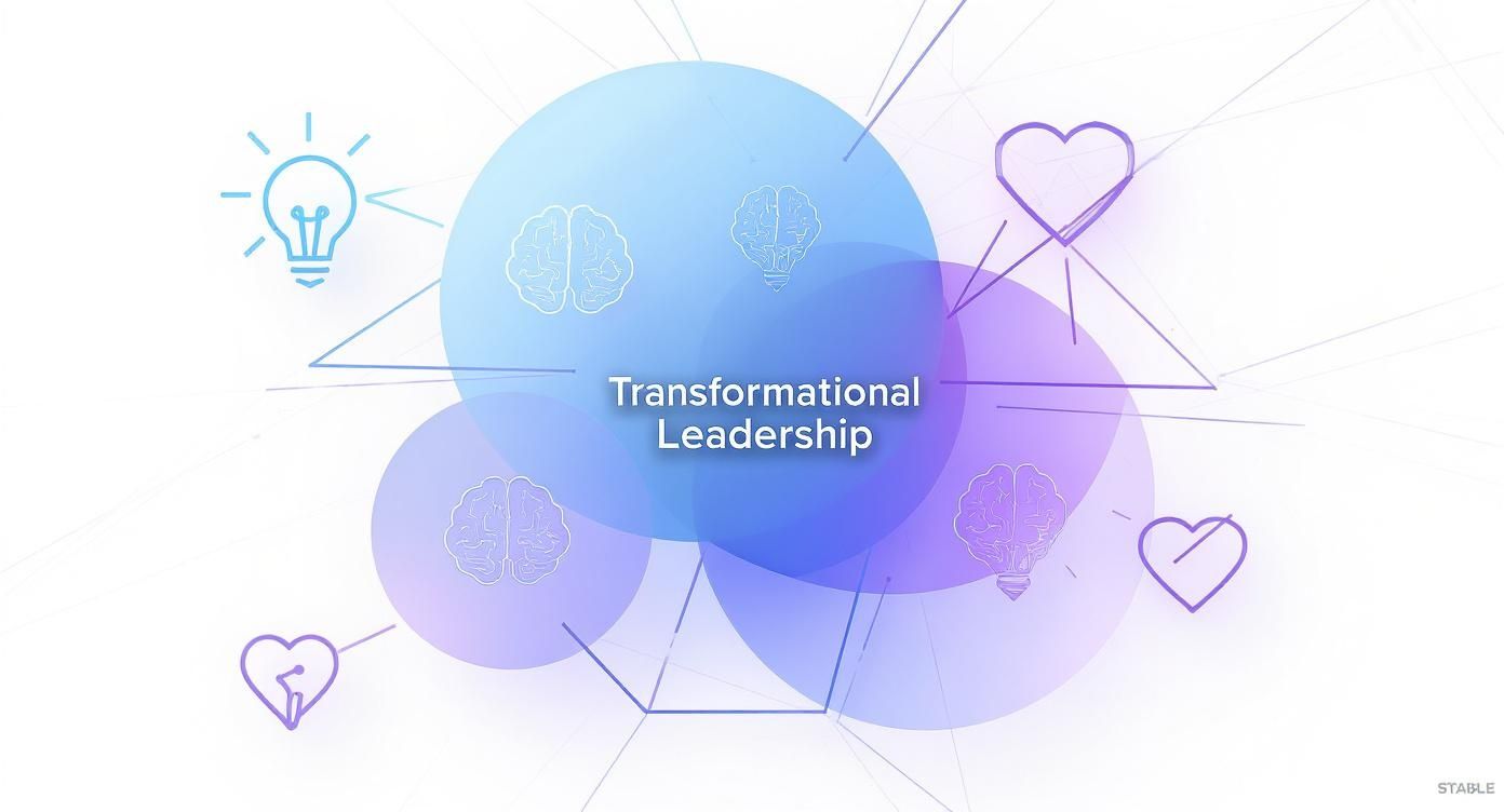 Transformational leadership concept illustration with brain icons, light bulbs, and hearts representing innovation and empathy