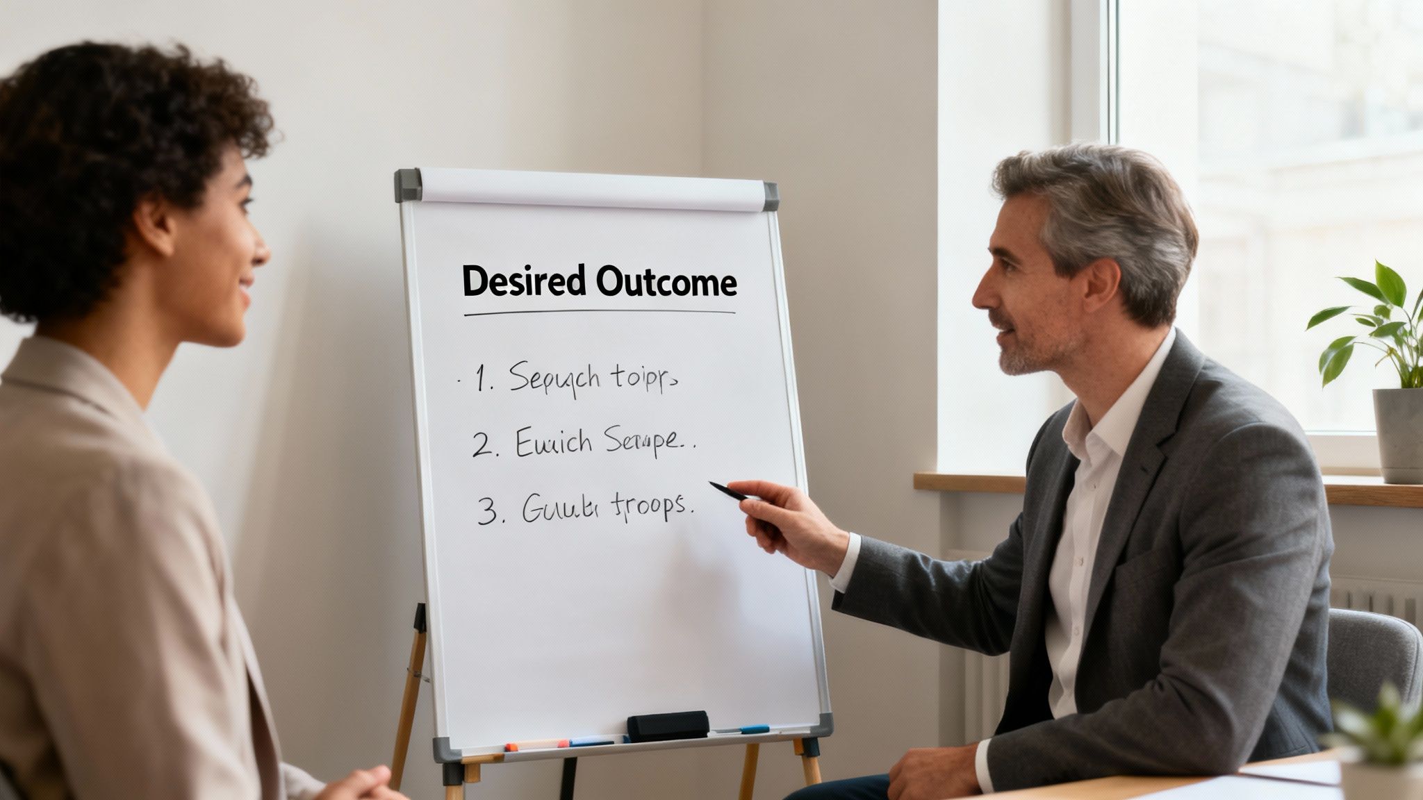 Two diverse professionals discuss desired outcomes on a whiteboard during a business meeting.