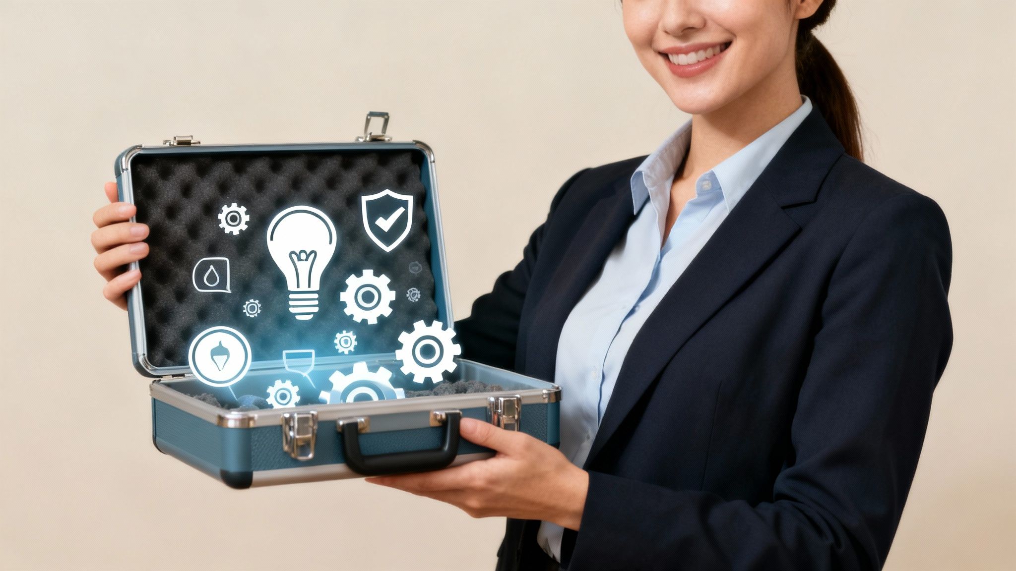 A smiling businesswoman holds an open briefcase displaying glowing digital icons of business ideas and solutions.