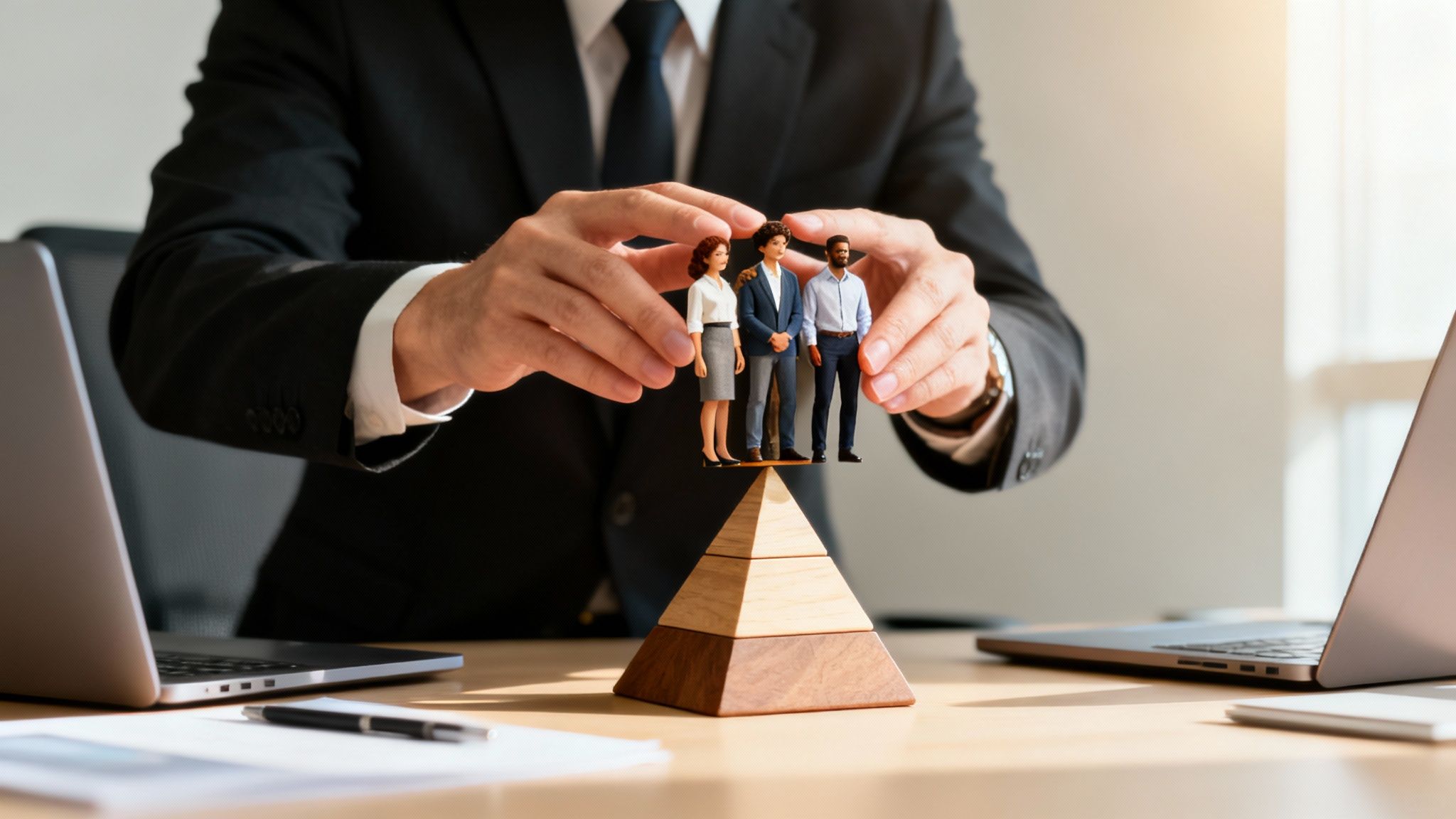 A businessman's hands protect diverse miniature figures balanced on a pyramid, symbolizing team support and leadership.