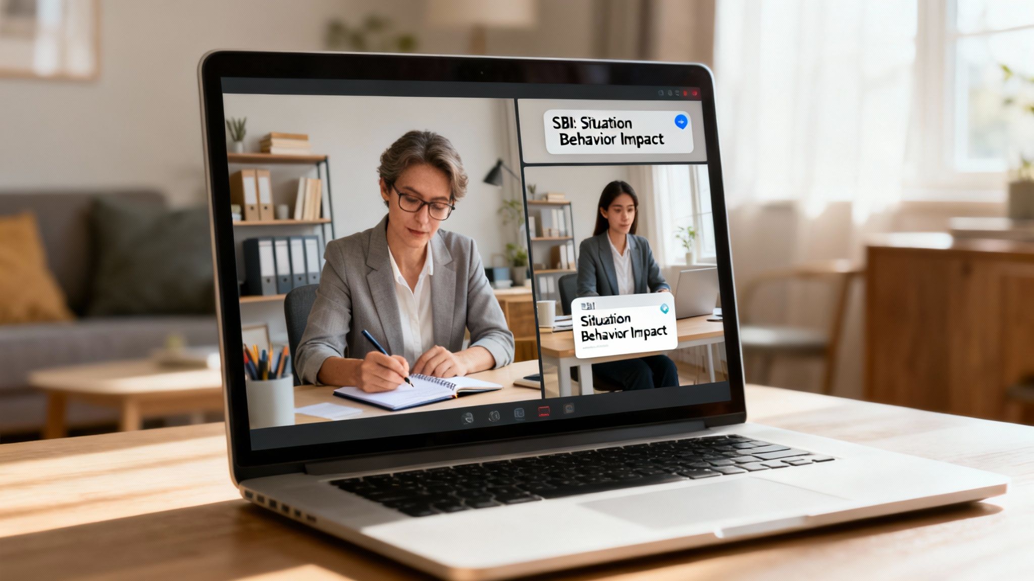 Two businesswomen on a video call learning about SBI (Situation, Behavior, Impact) on a laptop.