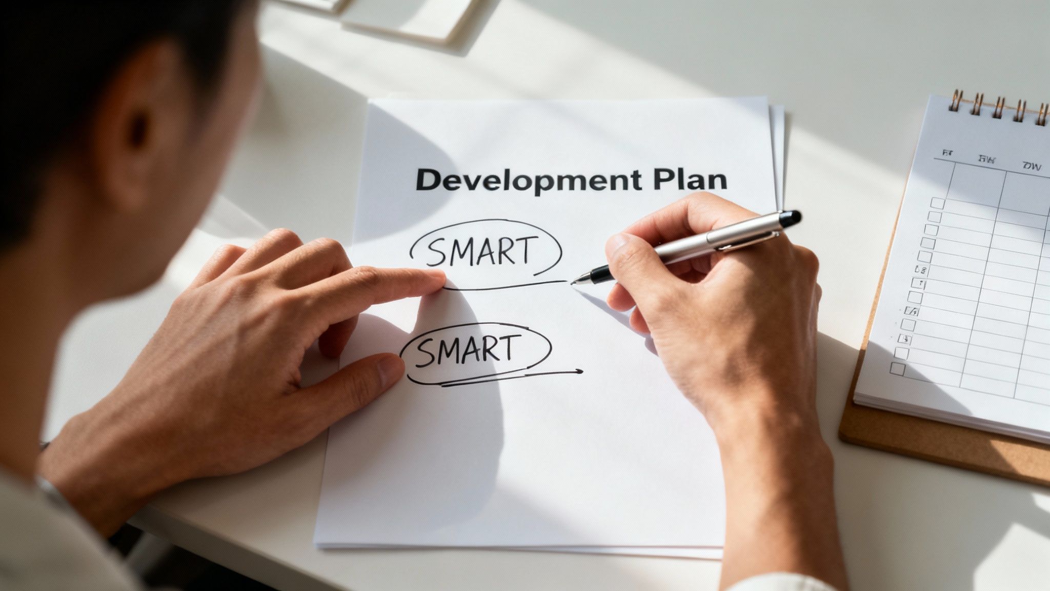 An employee and manager collaborating on a development plan with sticky notes on a glass wall.
