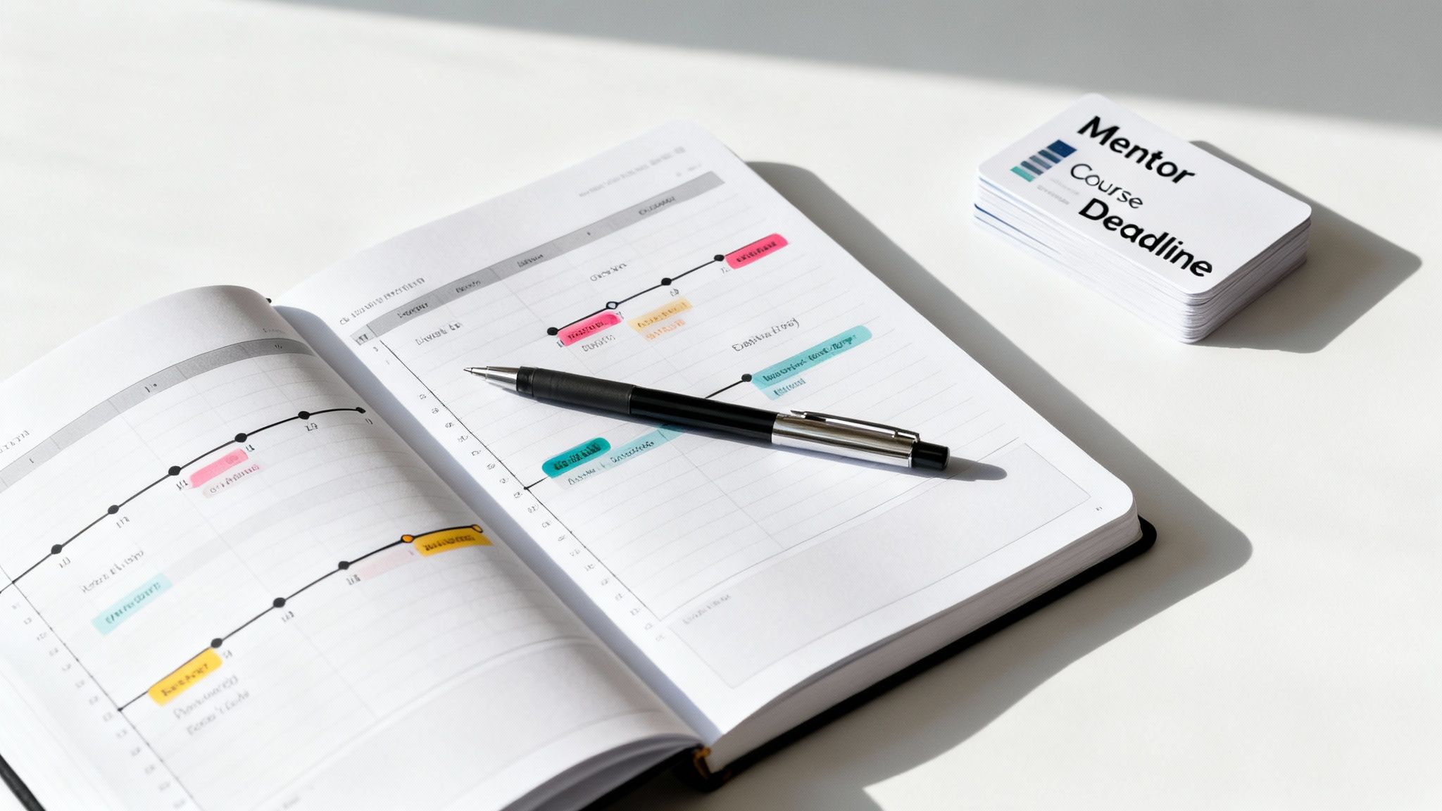 A person writing in in a planner with a calendar and clock nearby, symbolizing the creation of an action plan with timelines.