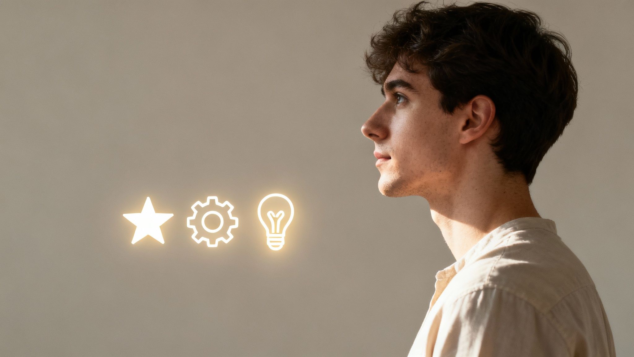 Profile of a young man looking towards glowing neon icons of a star, gear, and lightbulb.