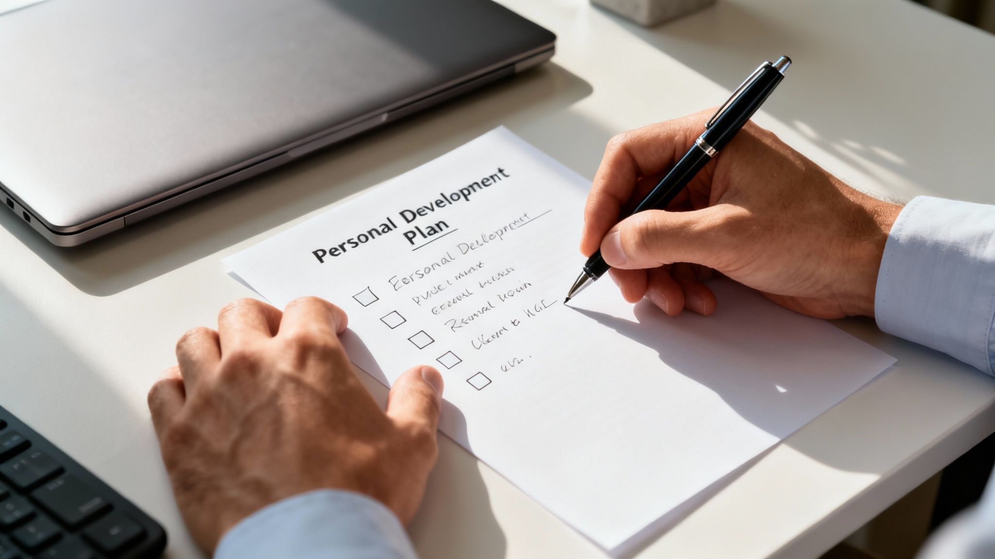 Close-up of a person's hands writing a 'Personal Development Plan' on a white sheet of paper.