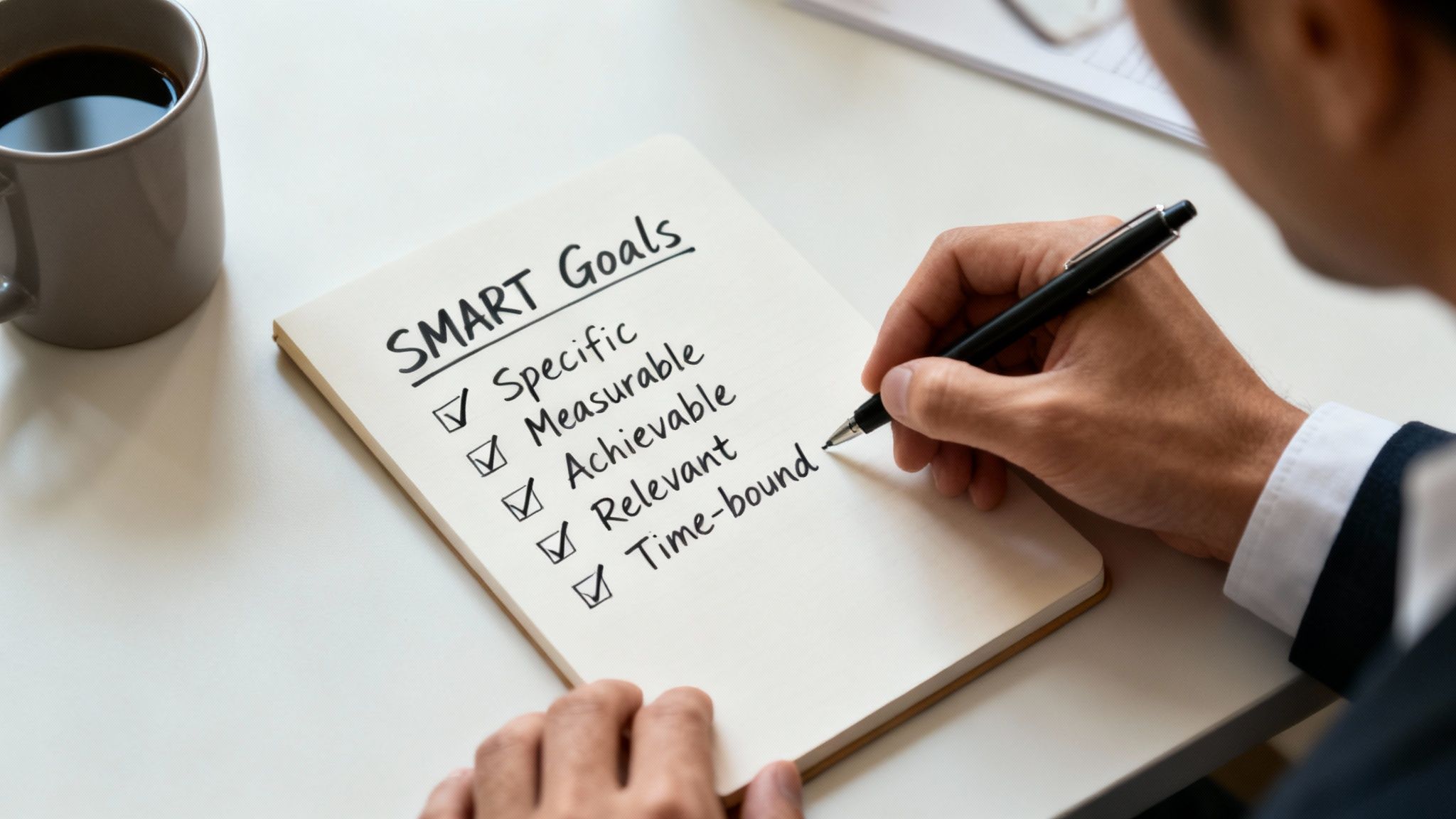 Person writing SMART goals on a transparent board