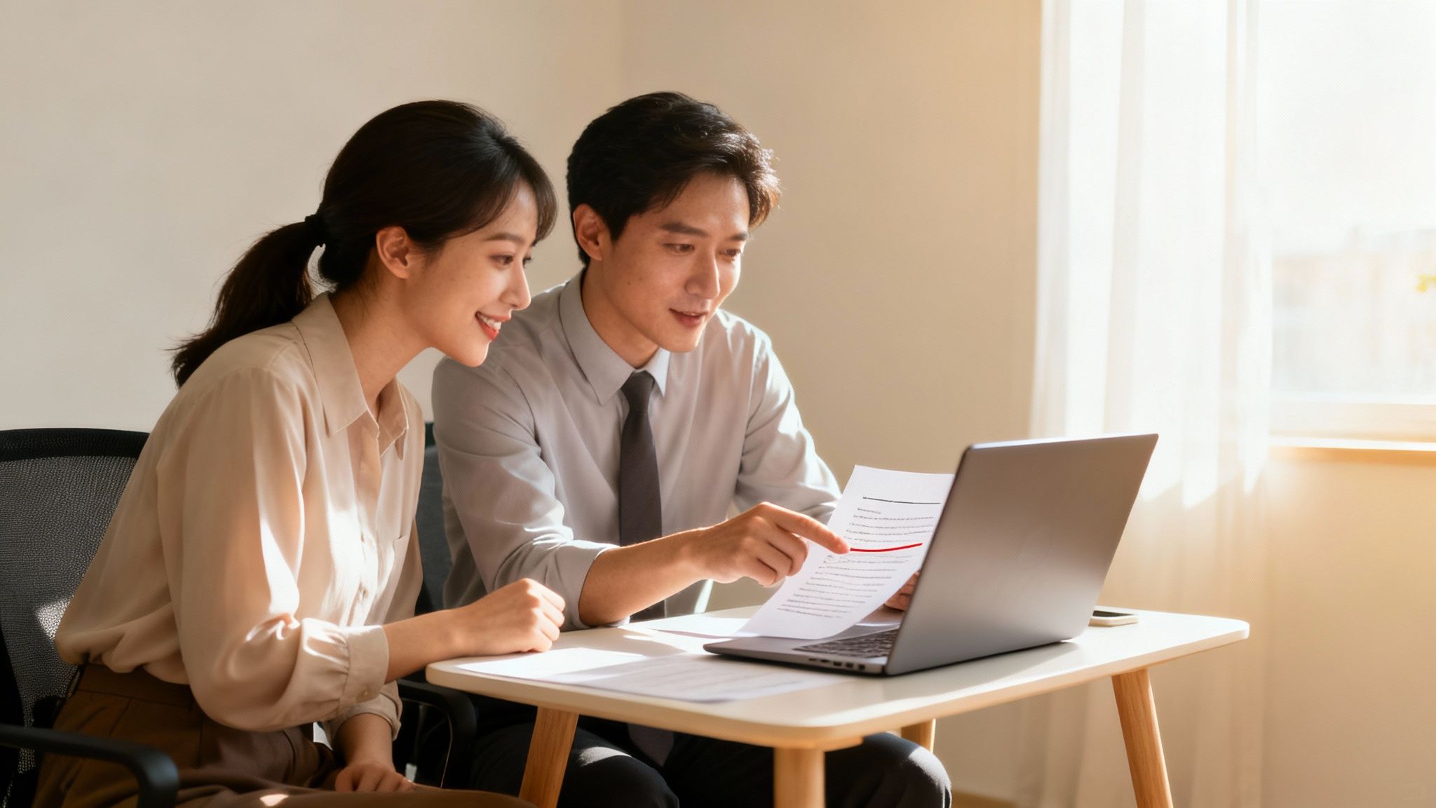 Smiling colleagues collaborating on a document with a laptop at a well-lit office desk.
