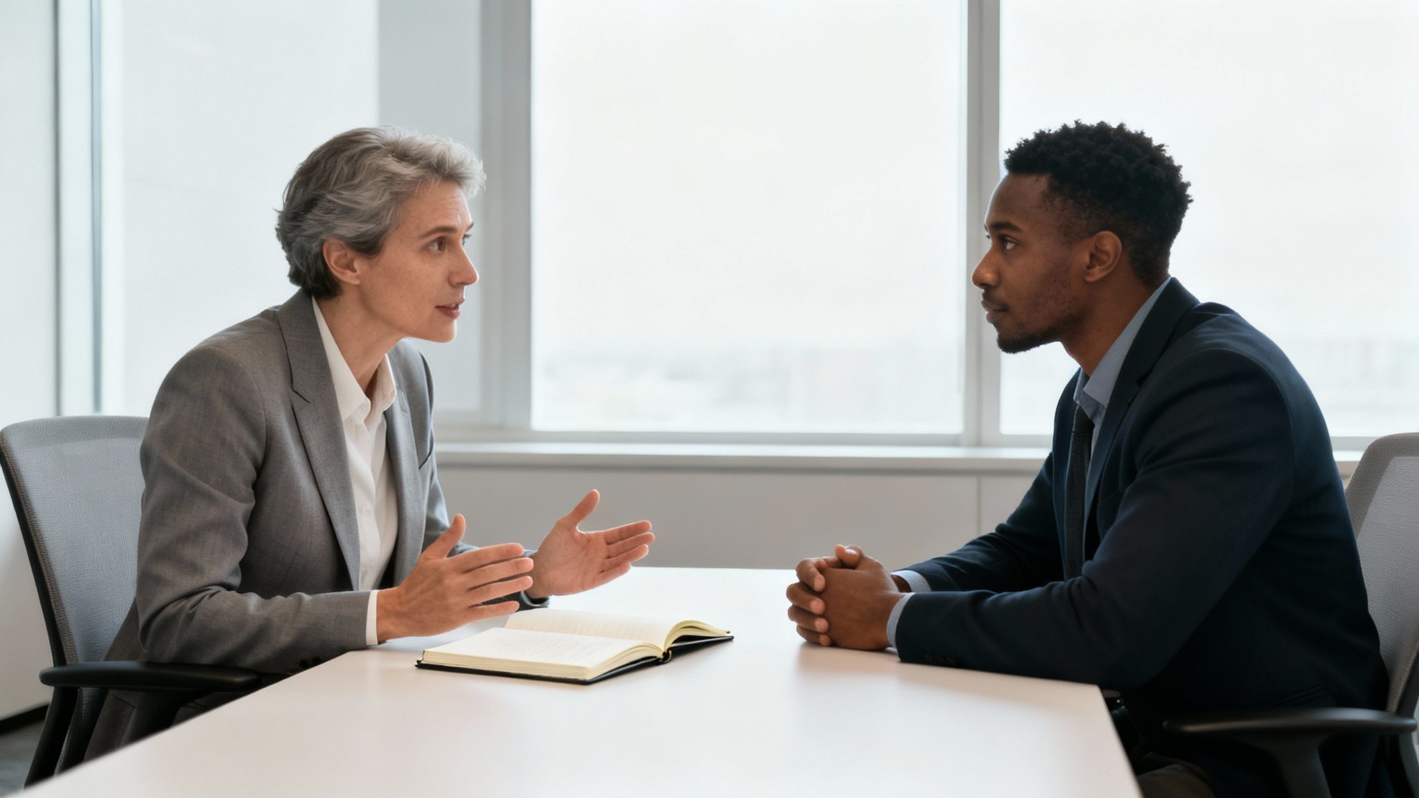 Two diverse professionals in business attire discussing across a table in a bright office.