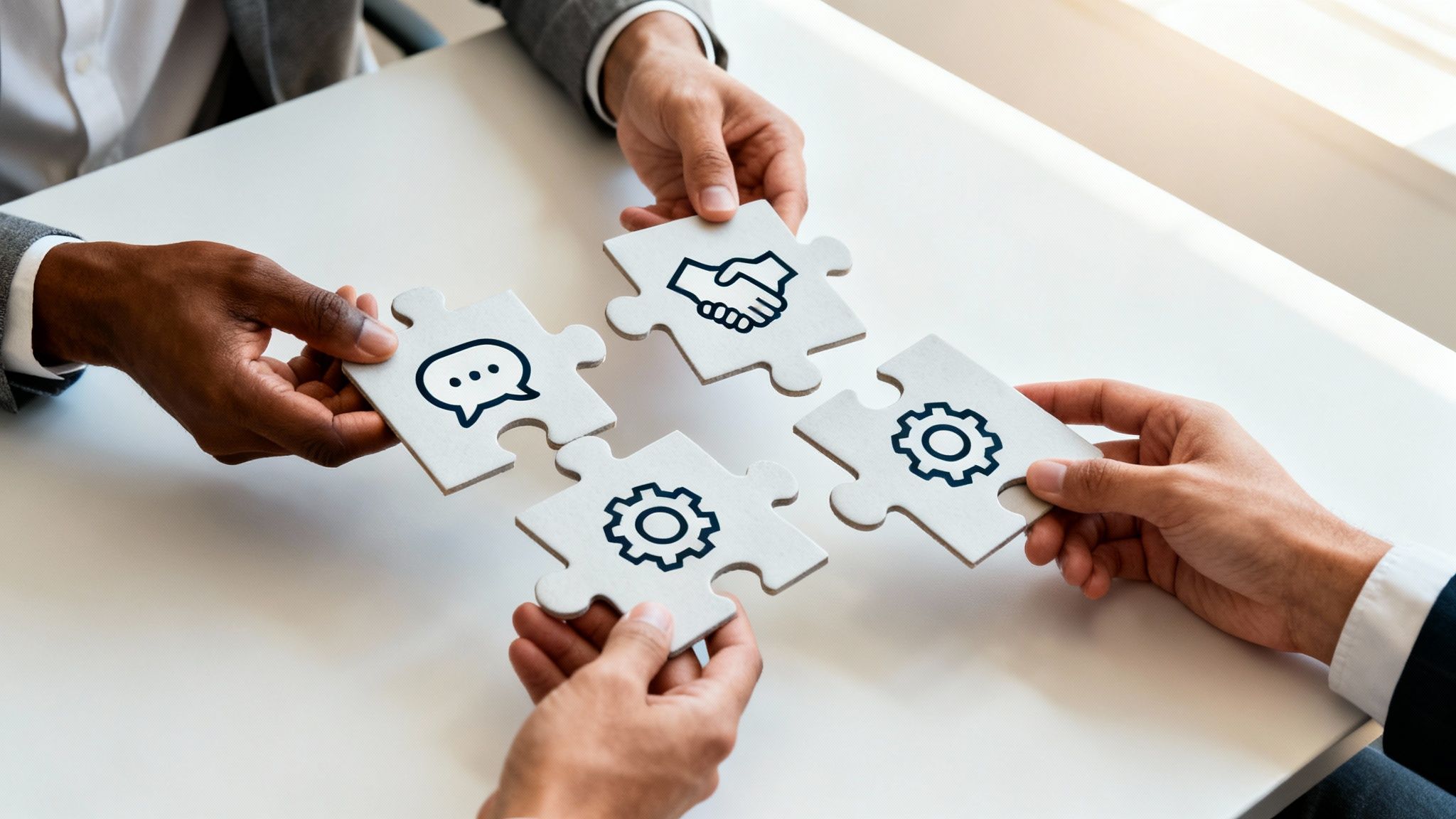 Four diverse hands connect jigsaw puzzle pieces with icons representing communication, partnership, and process.
